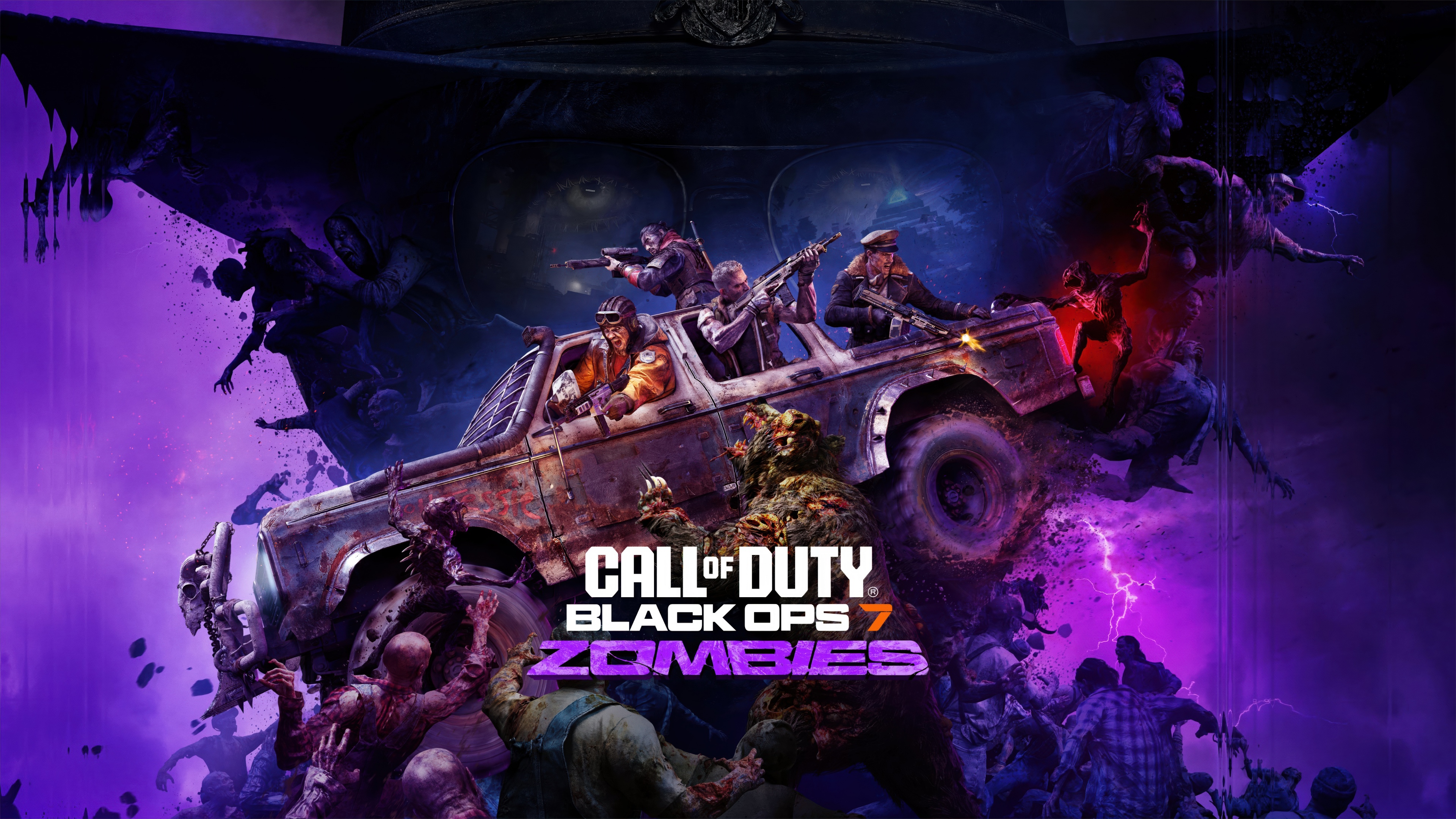 A cinematic depiction of soldiers battling waves of zombies in a Call of Duty: Black Ops 7 themed environment.