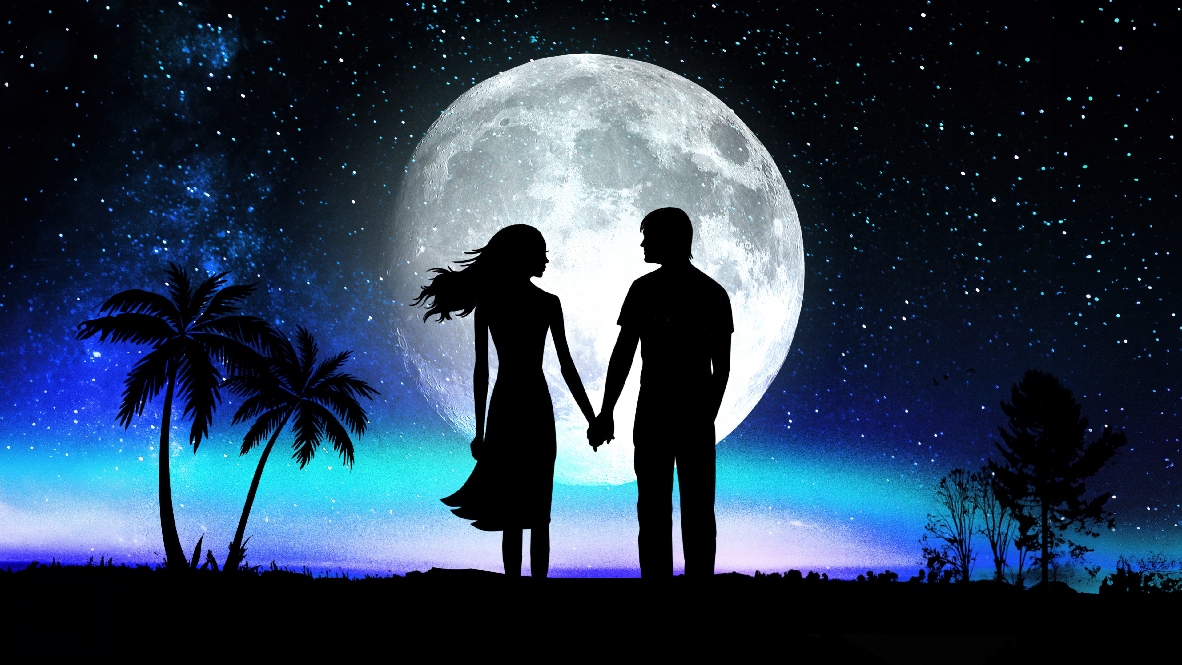 A dark, surrealist silhouette of a couple holding hands beneath a large glowing moon and a vast starry night sky.