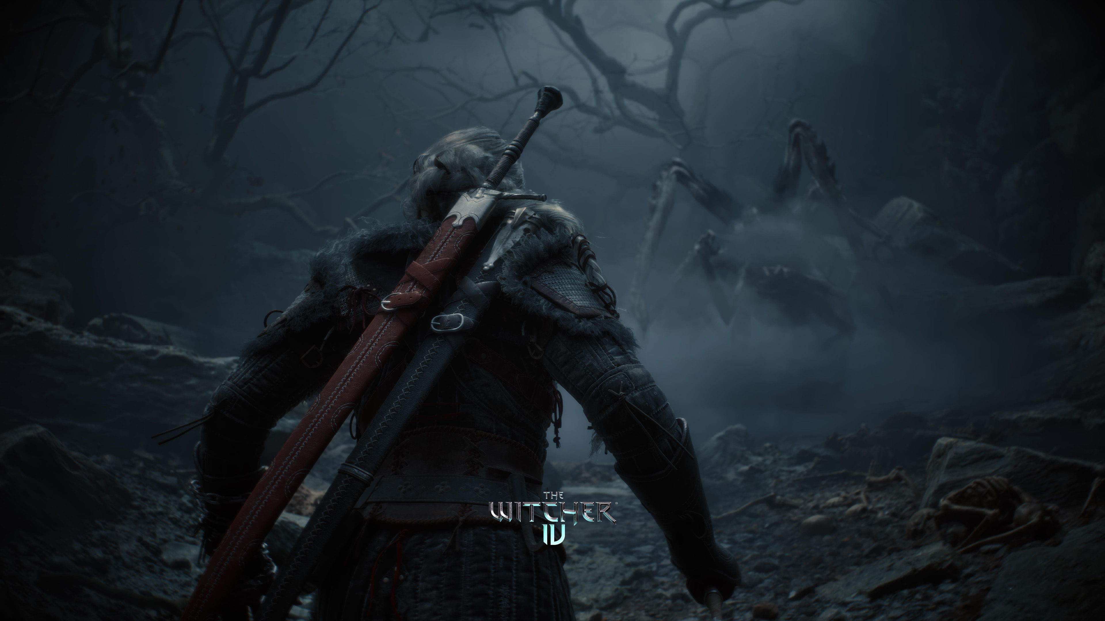 Ciri from The Witcher IV standing in a detailed, dark nighttime landscape during gameplay.