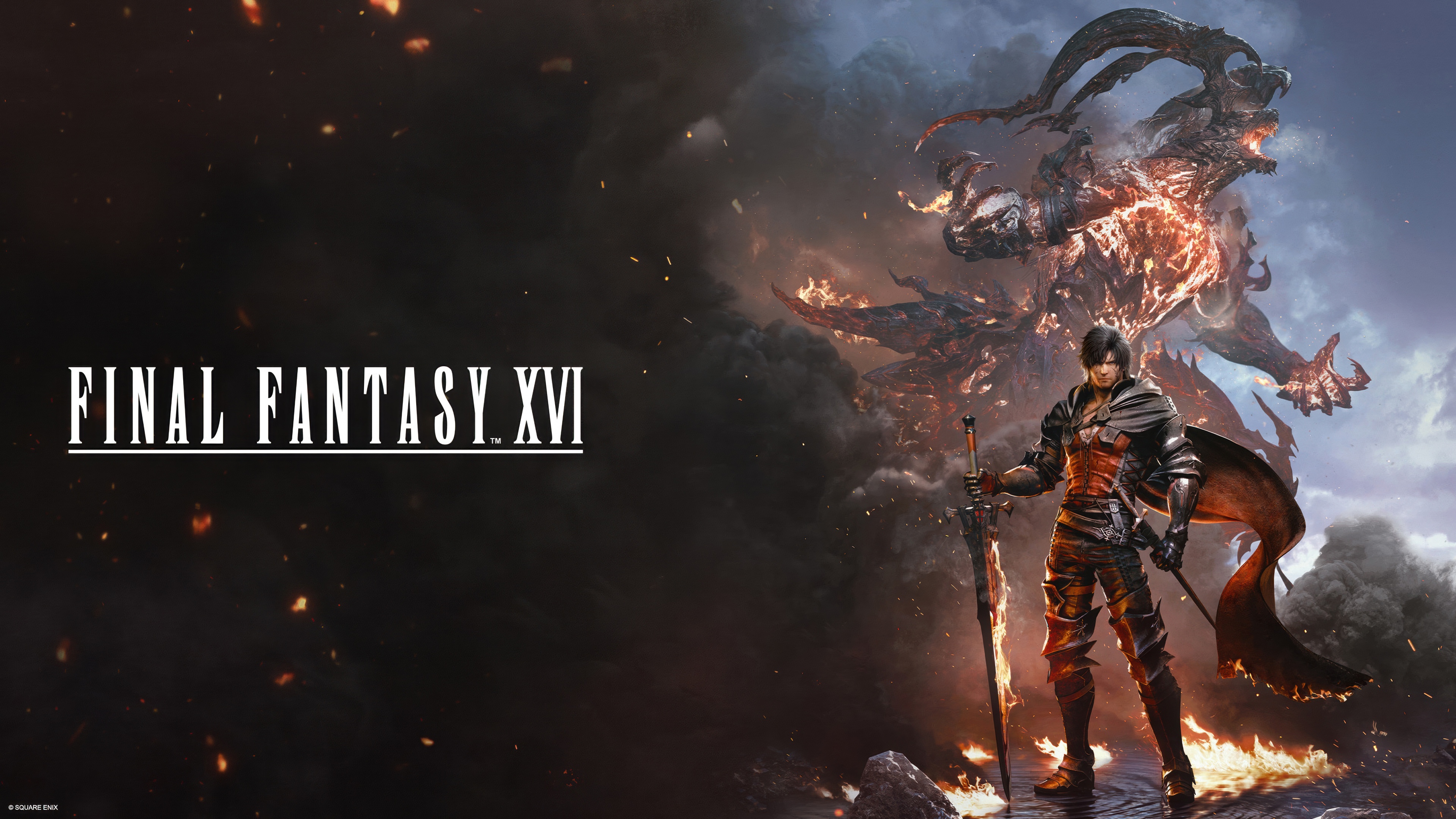 Cinematic high-resolution cover art of Clive Rosfield from Final Fantasy XVI facing a formidable monster.
