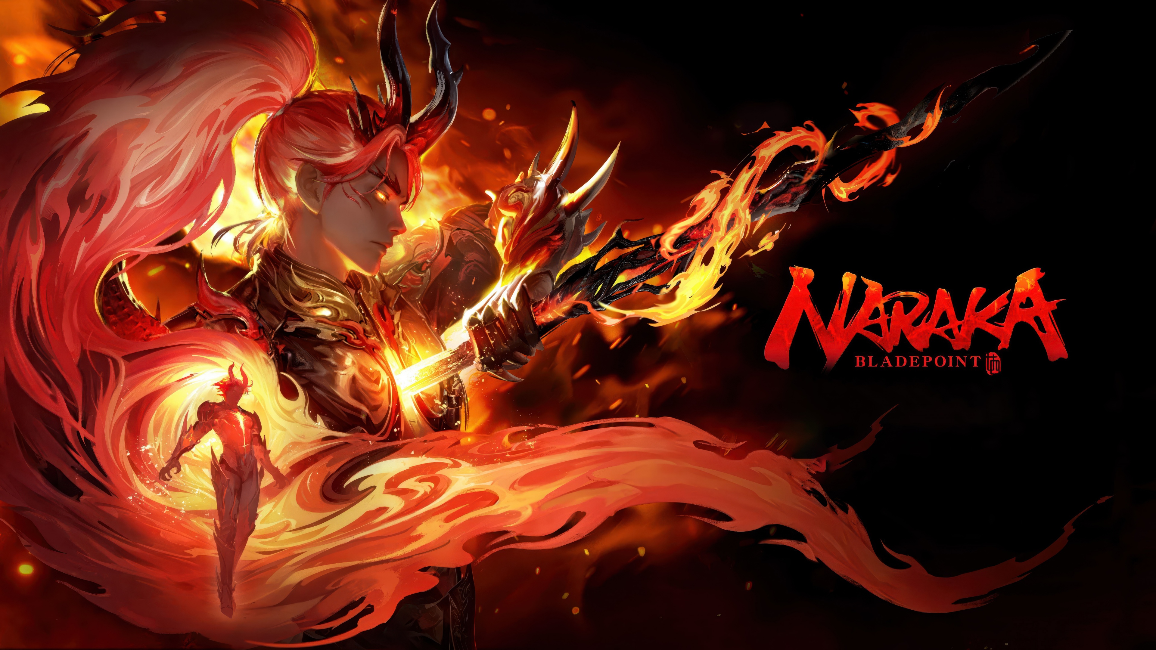 A cinematic character from Naraka: Bladepoint featuring a dramatic dark red and moody atmosphere.