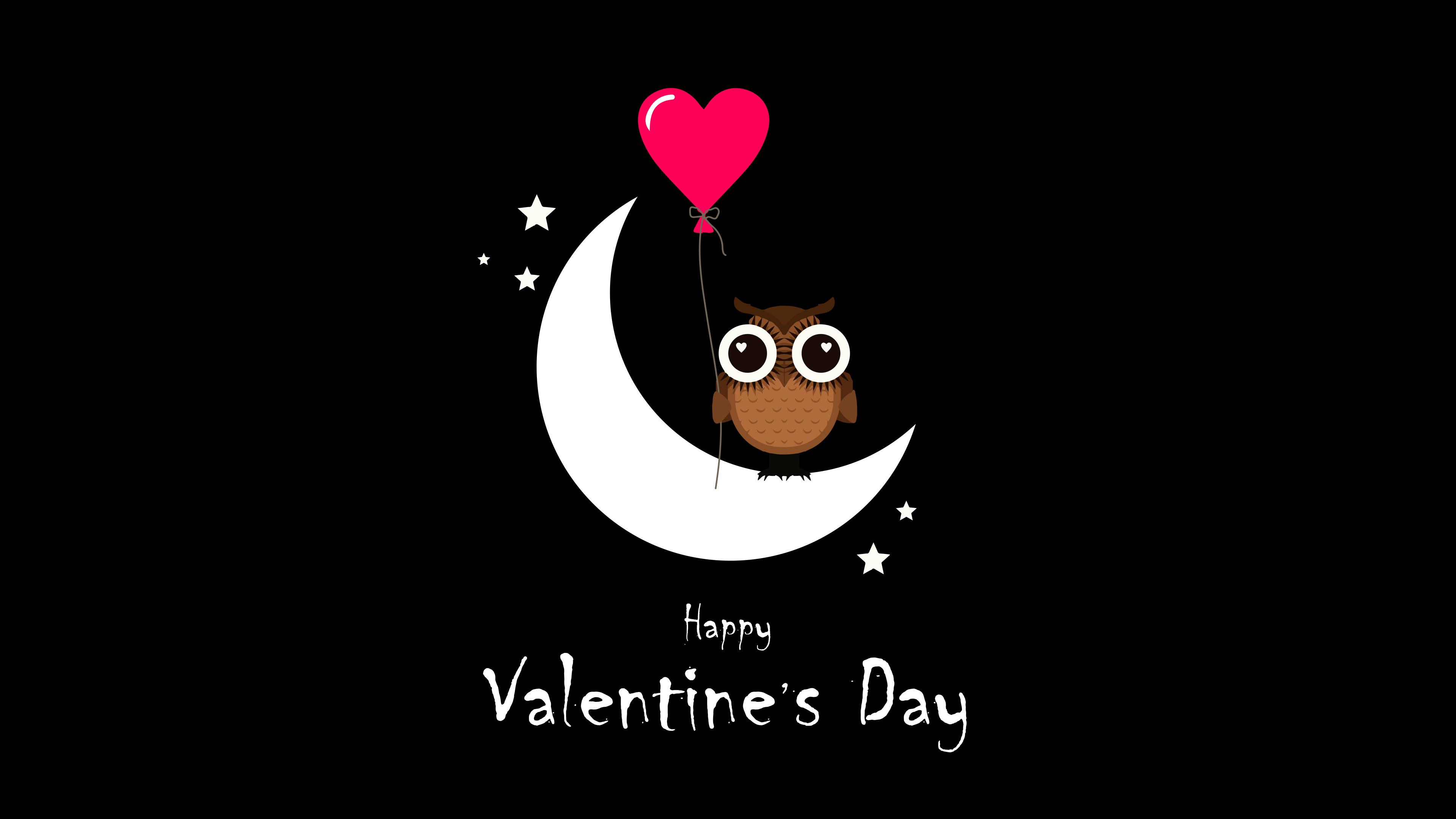 An adorable cartoon owl holding a red heart balloon under a crescent moon against a dark AMOLED background.