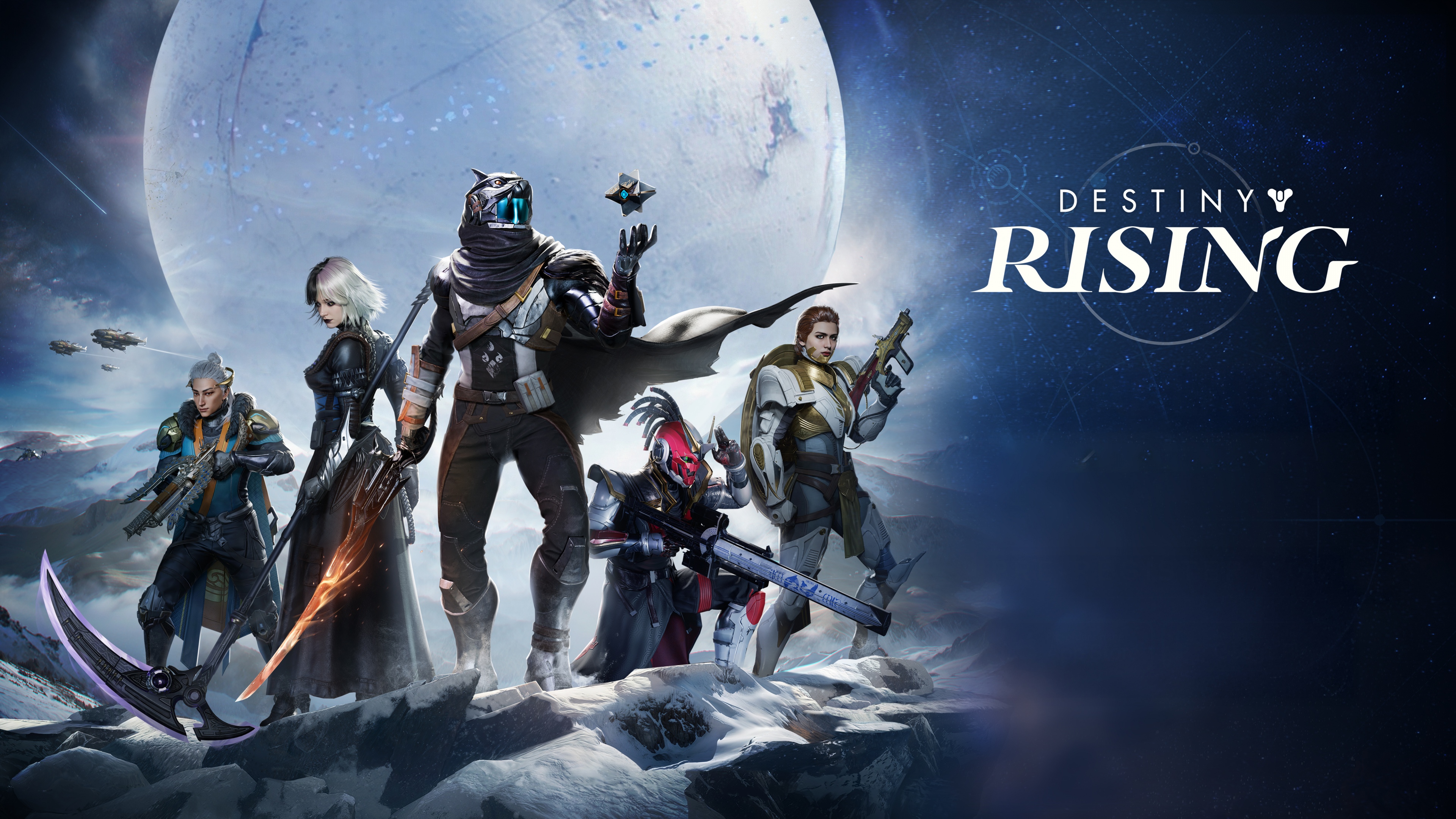 A detailed sci-fi character from the Destiny: Rising universe wearing advanced futuristic armor with glowing energy accents and high-tech weaponry.