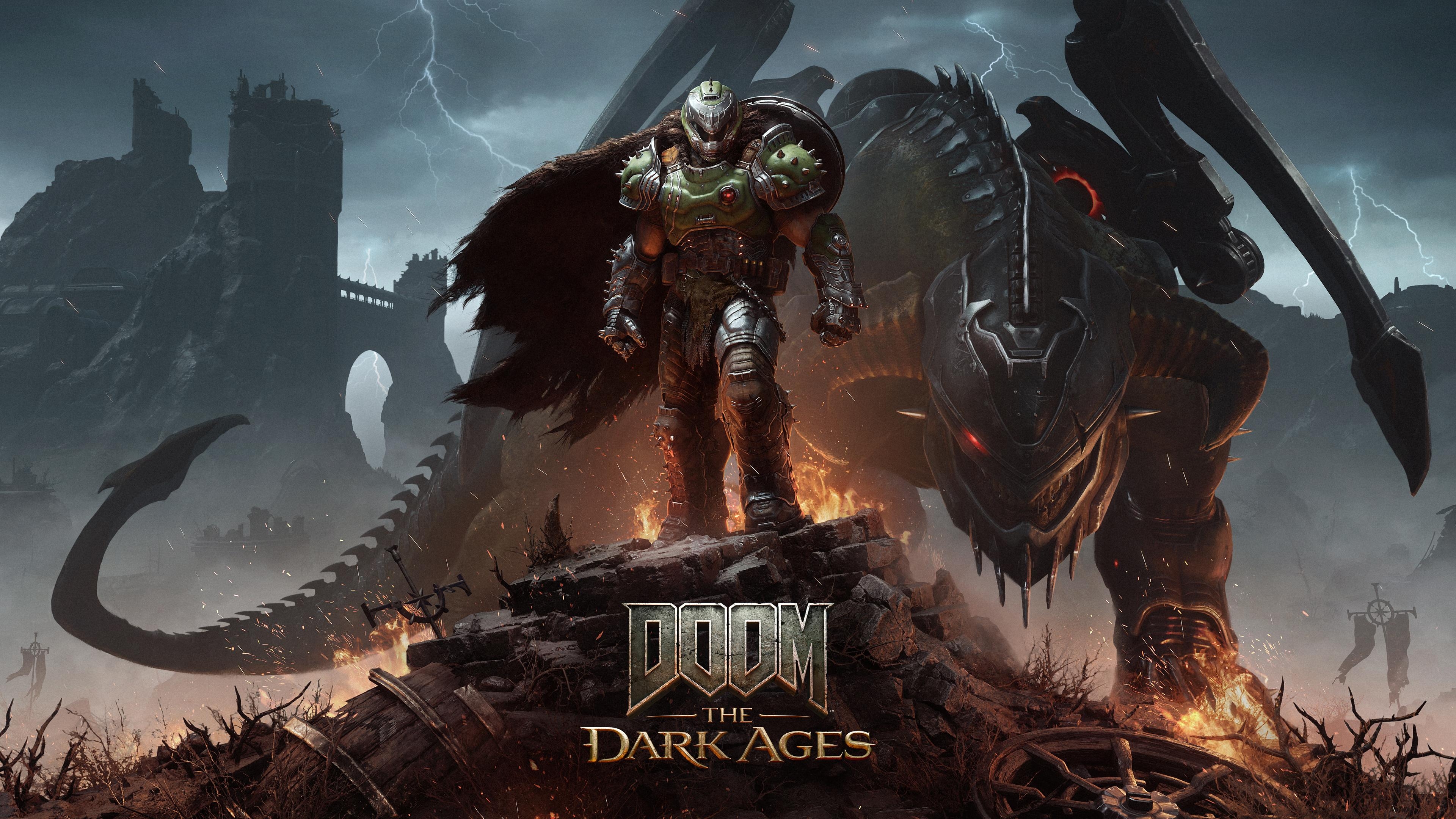 The Doom Slayer from DOOM: The Dark Ages standing in a dark, atmospheric setting.