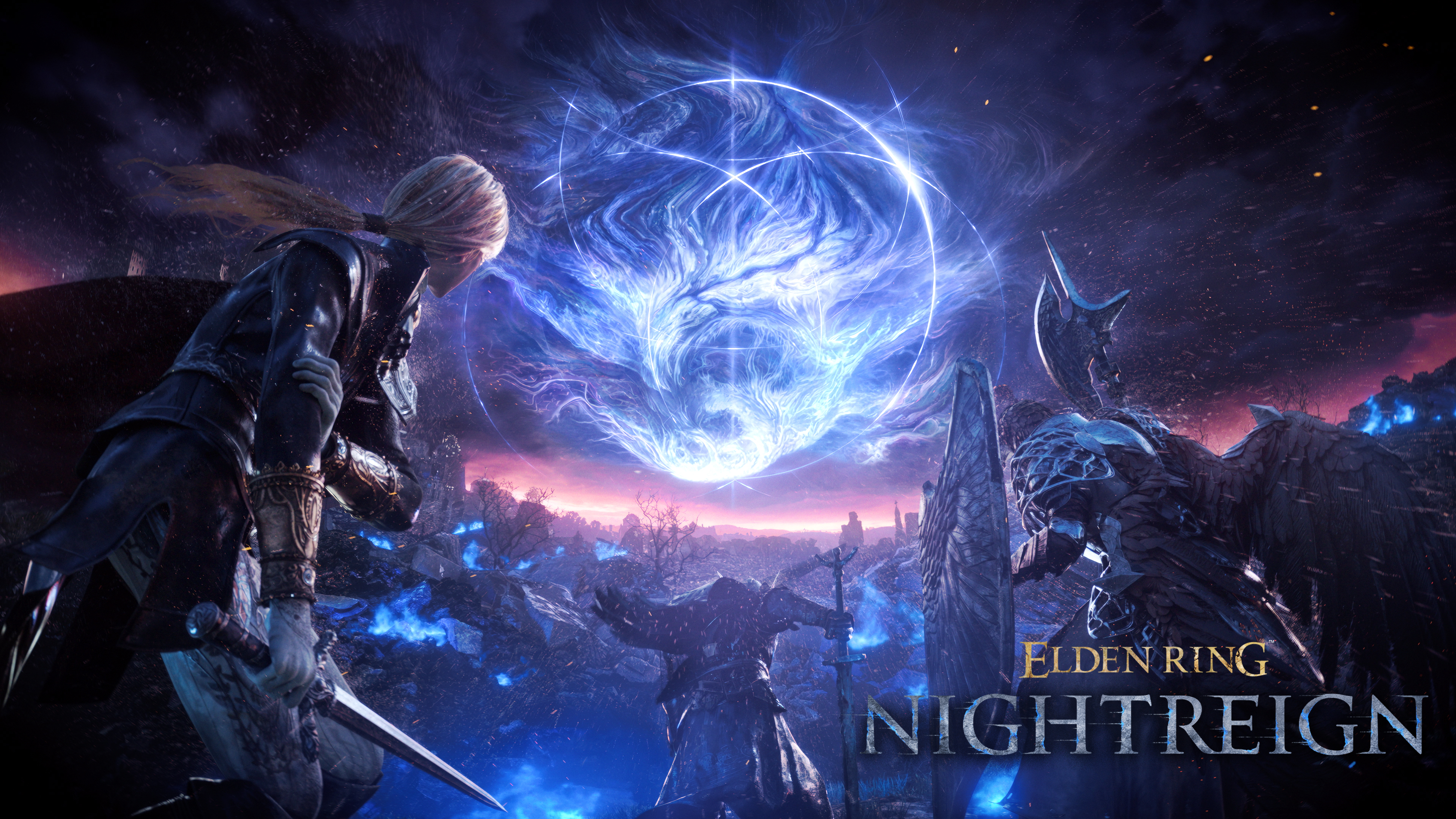 A dark fantasy knight in heavy obsidian armor standing in a misty, nocturnal battlefield from Elden Ring Nightreign.