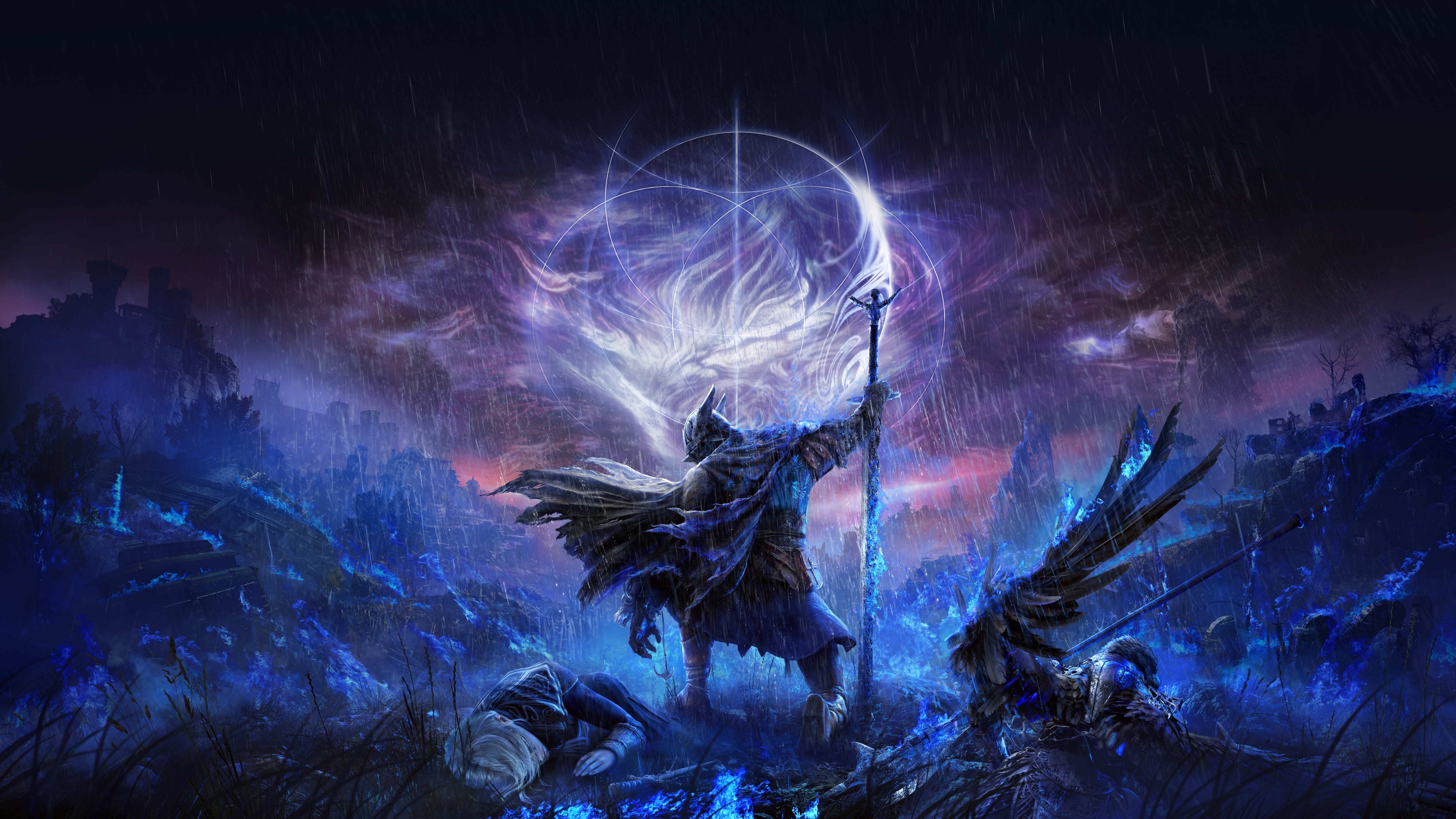 Cinematic key art of a Tarnished warrior from Elden Ring Nightreign, wearing heavy dark armor under a cosmic, dark night sky.