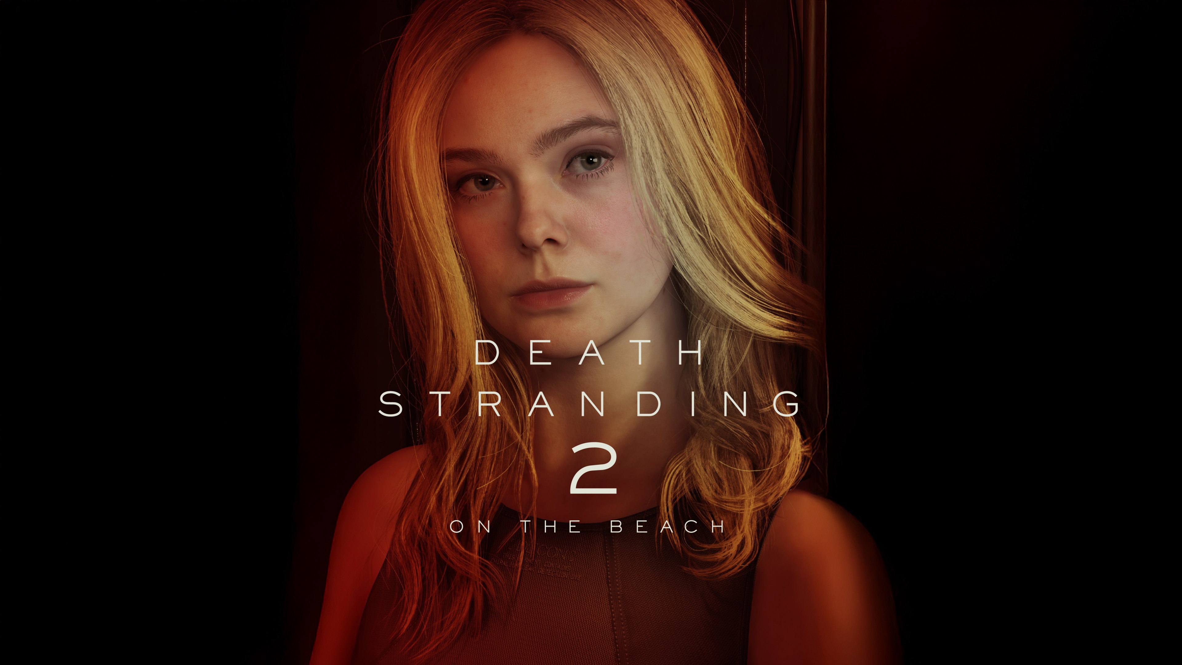 A cinematic 5K portrait of Elle Fanning in the video game Death Stranding 2: On the Beach set against a dark, moody background.