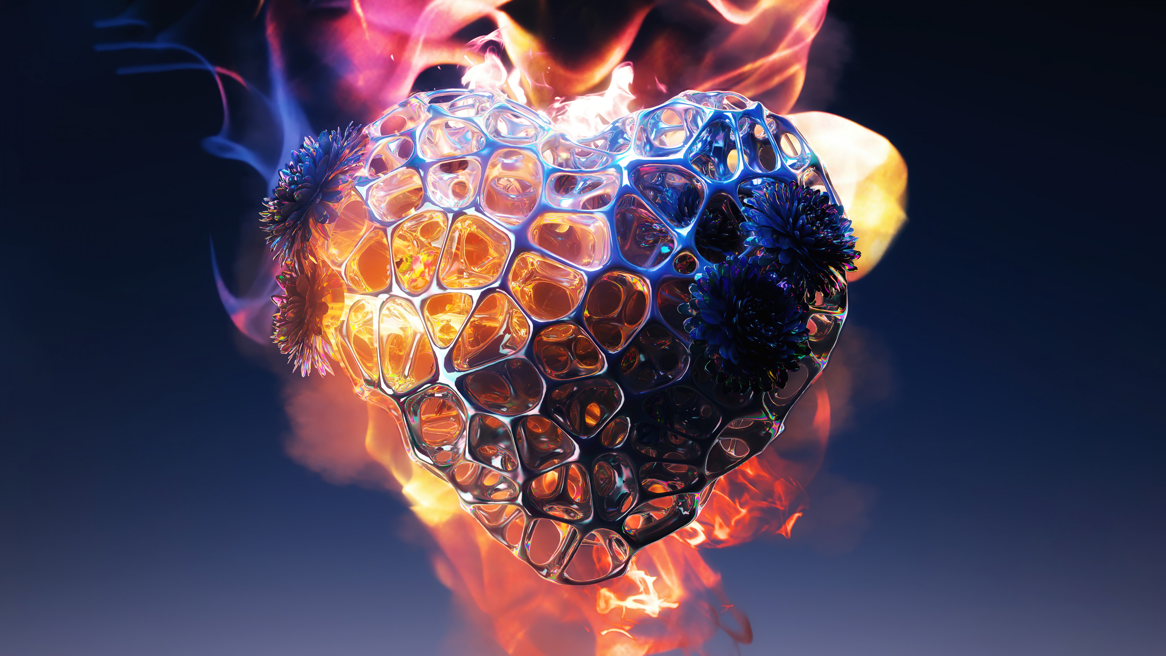 A 3D rendered heart enveloped in intense orange and red flames with glowing embers and heat waves.