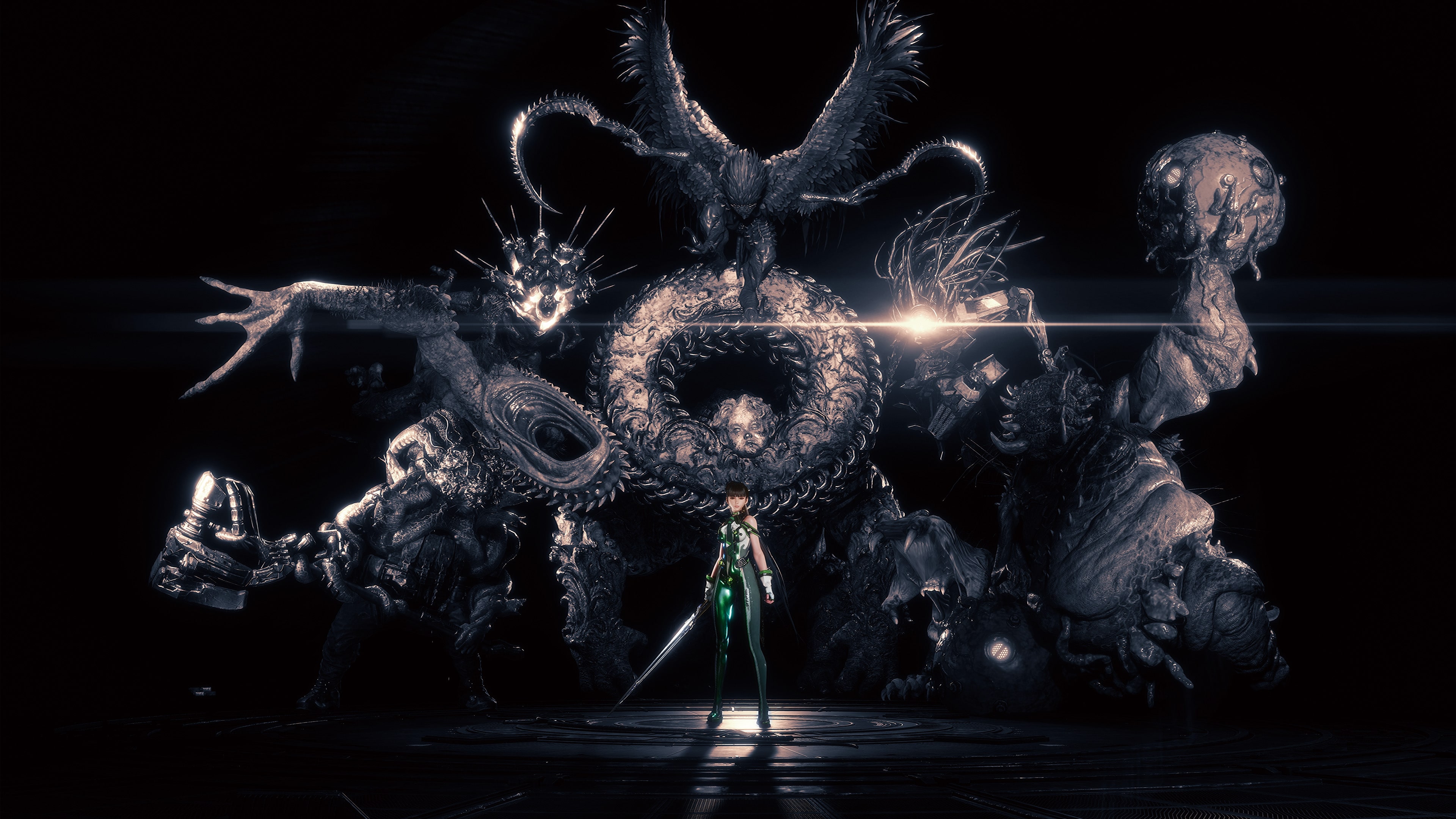 A high-detail cinematic portrait of EVE from the video game Stellar Blade against a dark, atmospheric background.