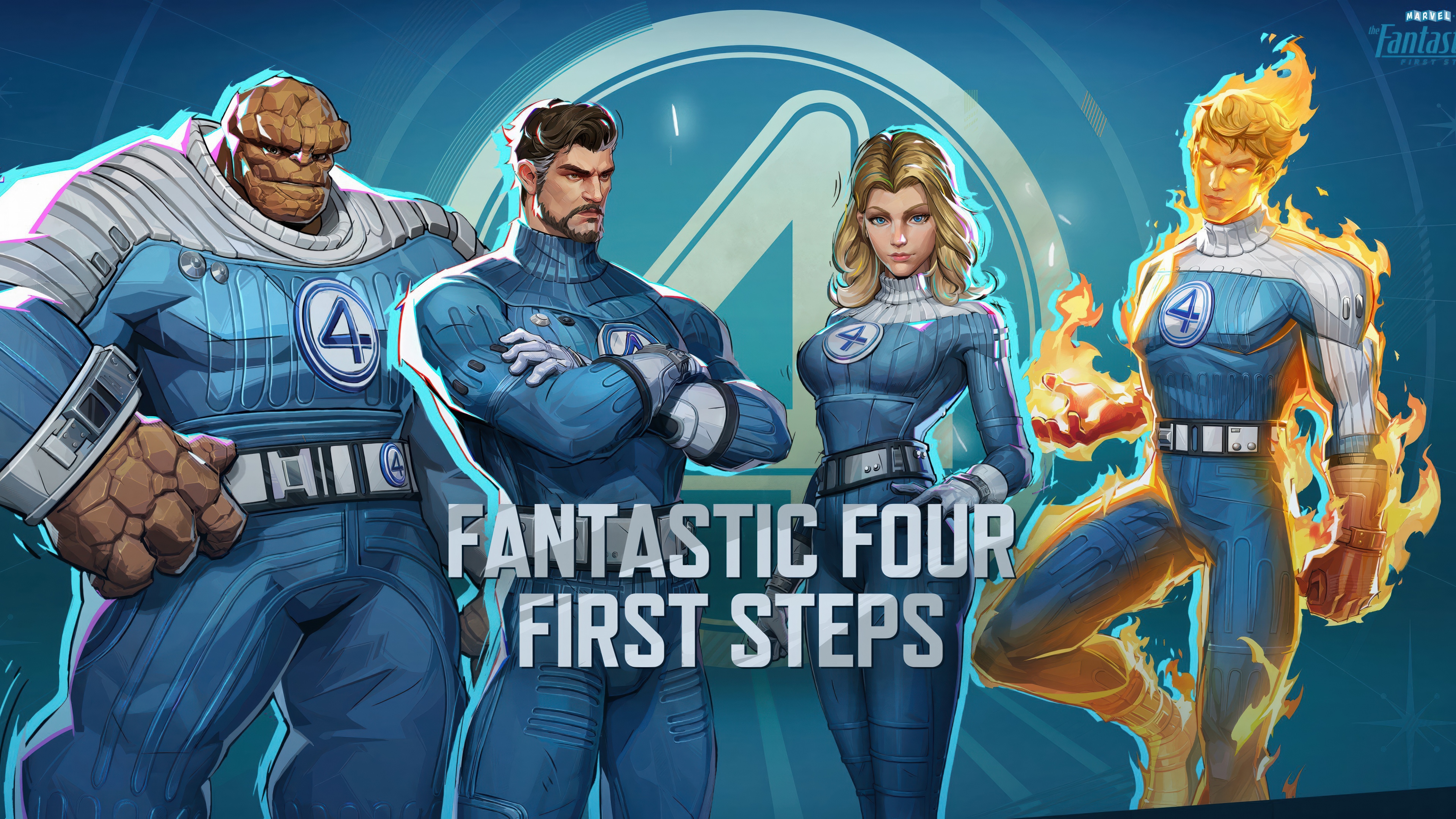 Cinematic ultrawide 5K view of the Fantastic Four characters, including Mr. Fantastic, Invisible Woman, Human Torch, and The Thing, in the art style of Marvel Rivals.