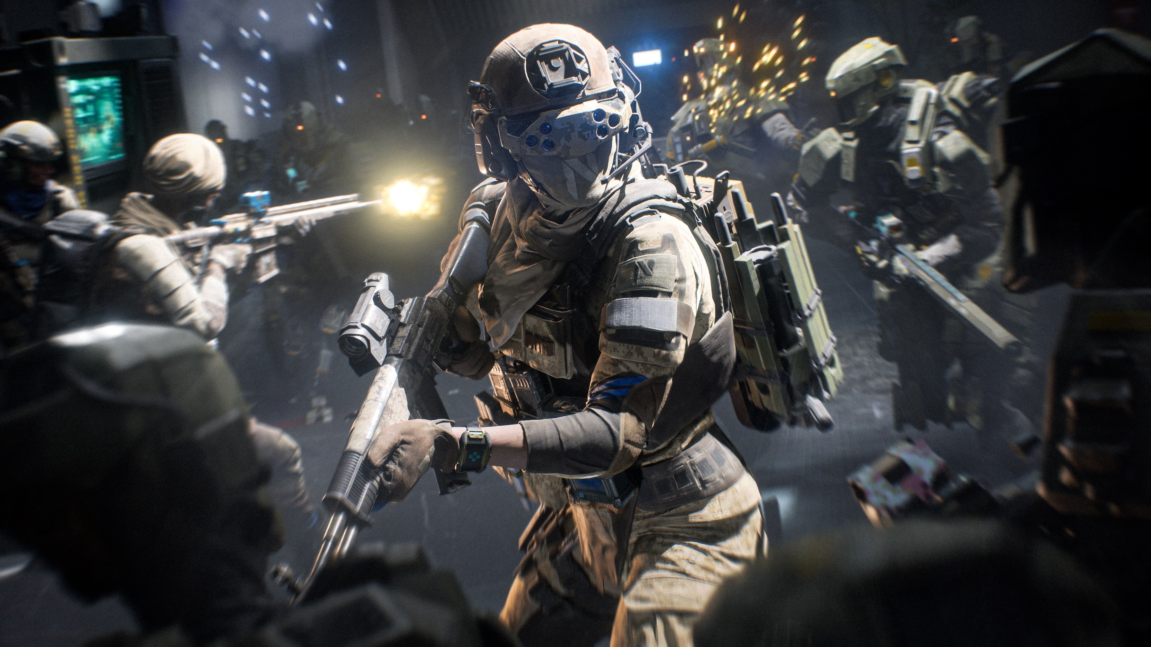 A heavily armored futuristic soldier equipped with advanced tactical gear and weaponry in a battlefield setting.