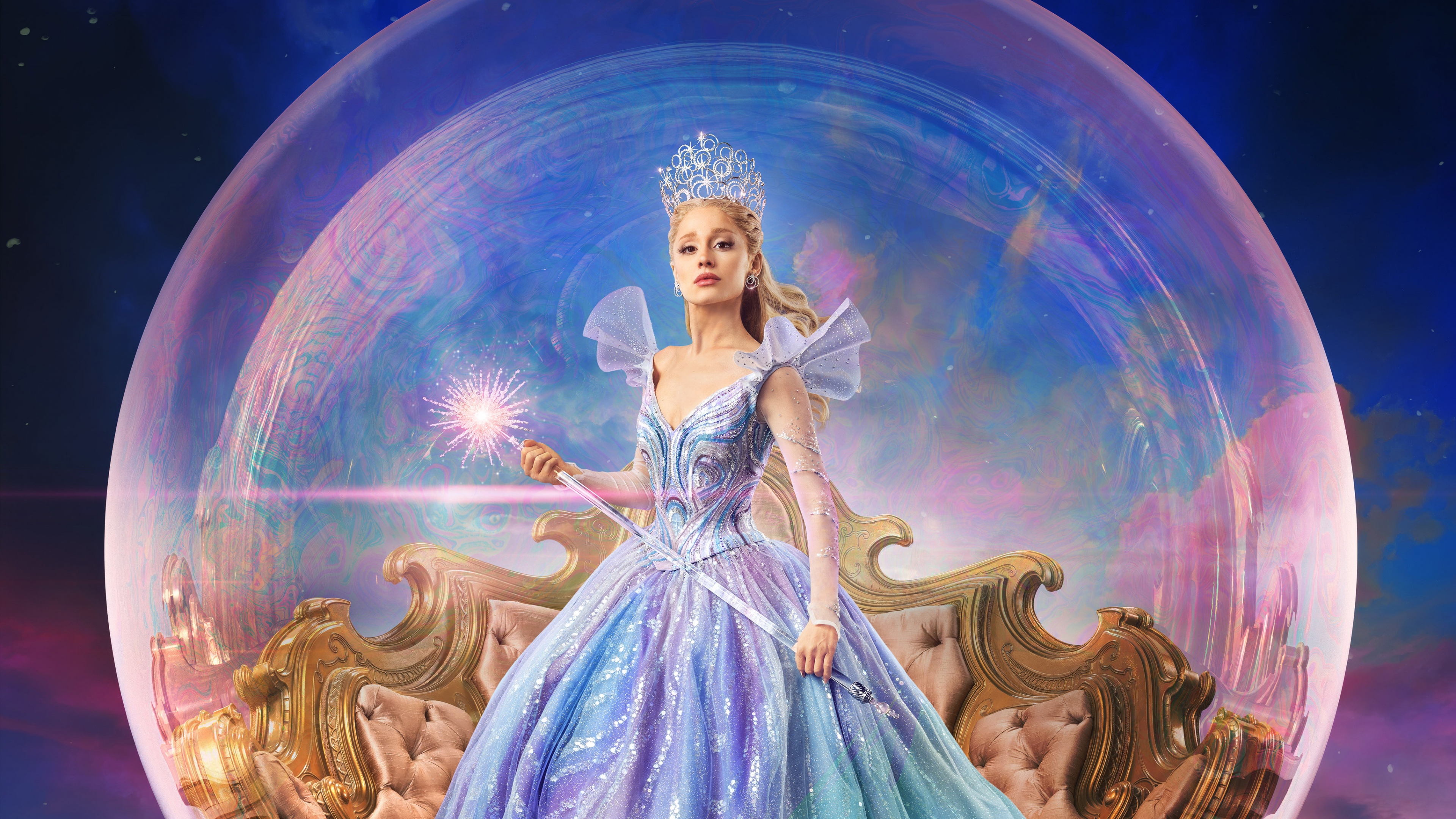 Glinda the Good Witch surrounded by magical, iridescent bubbles, inspired by the movie Wicked.