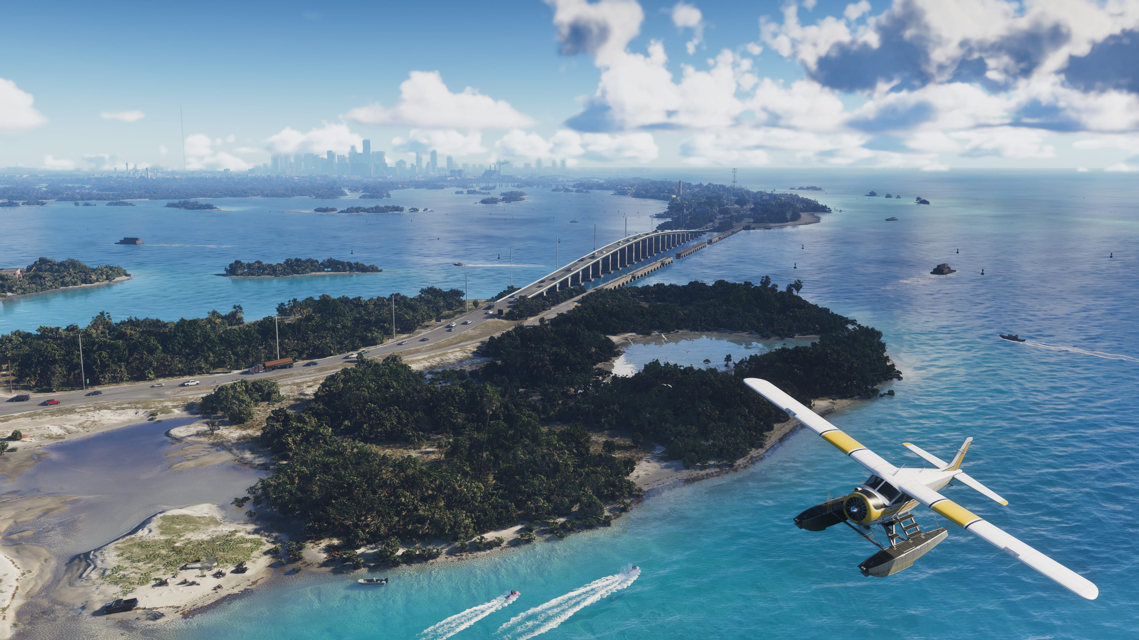 A high-detail cinematic landscape of a tropical coastal city at sunset, inspired by the Grand Theft Auto VI aesthetic.