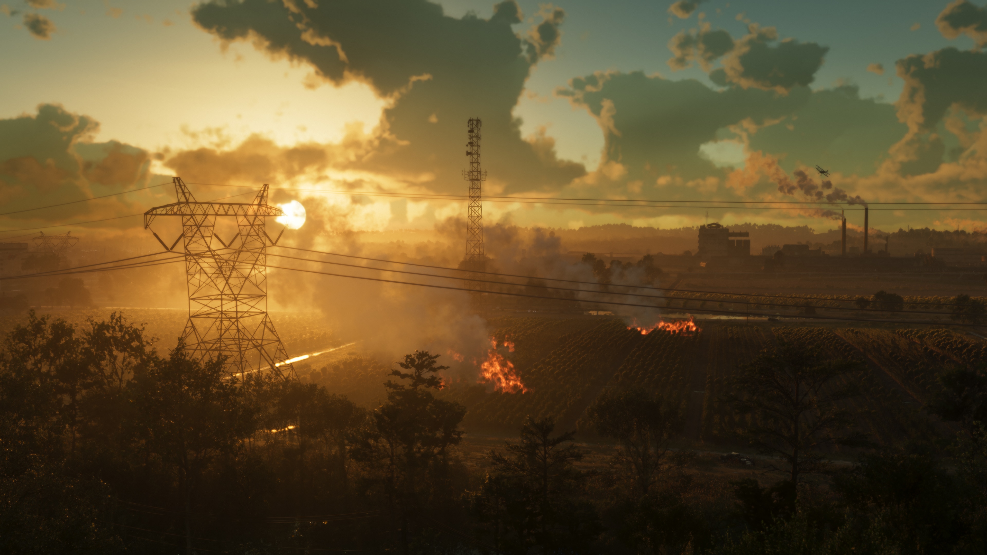 A cinematic landscape of a tropical city at sunset with palm trees and neon lights, inspired by Grand Theft Auto VI.