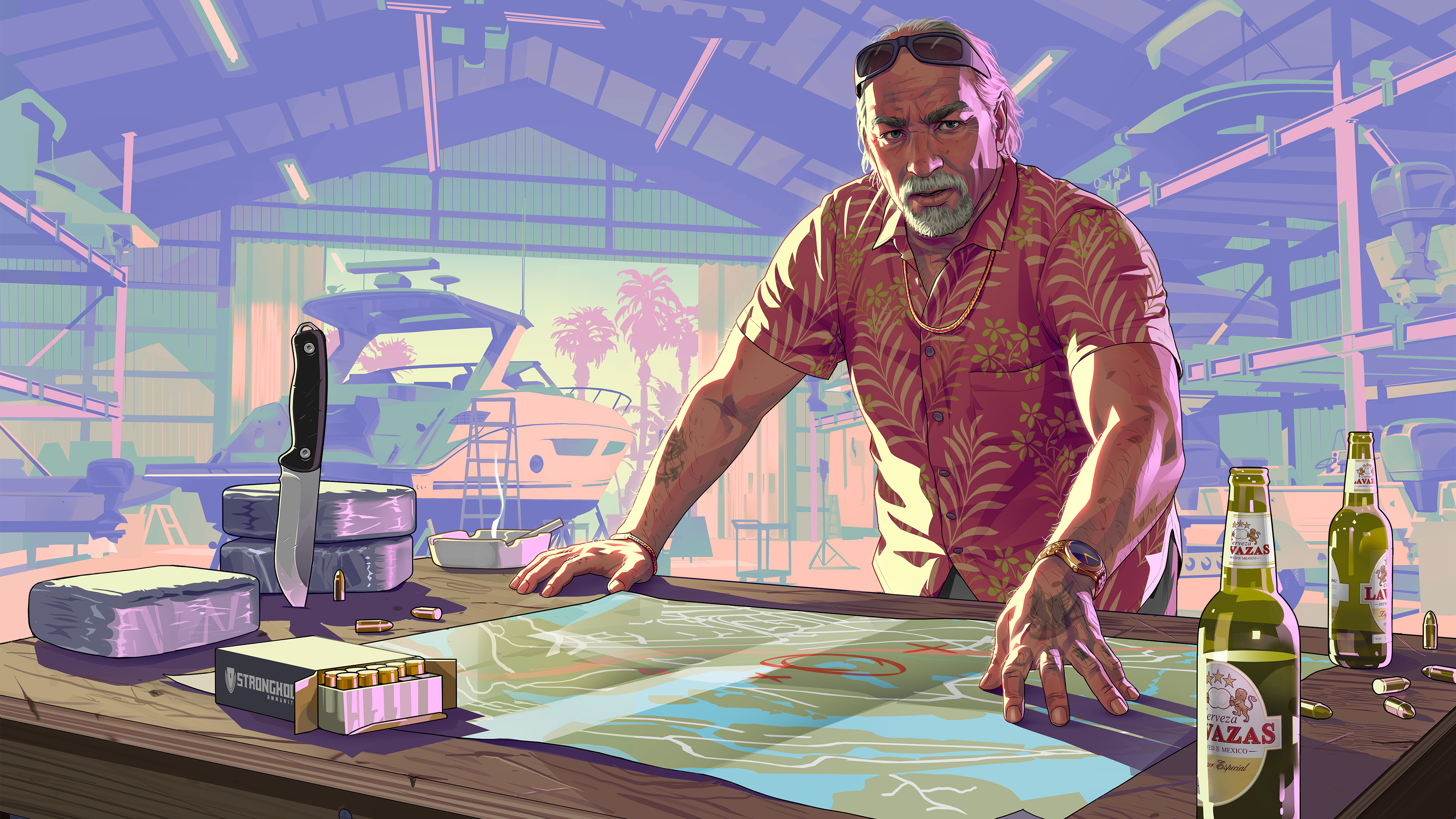 Lucia and Jason from Grand Theft Auto VI standing in a neon-lit tropical setting.