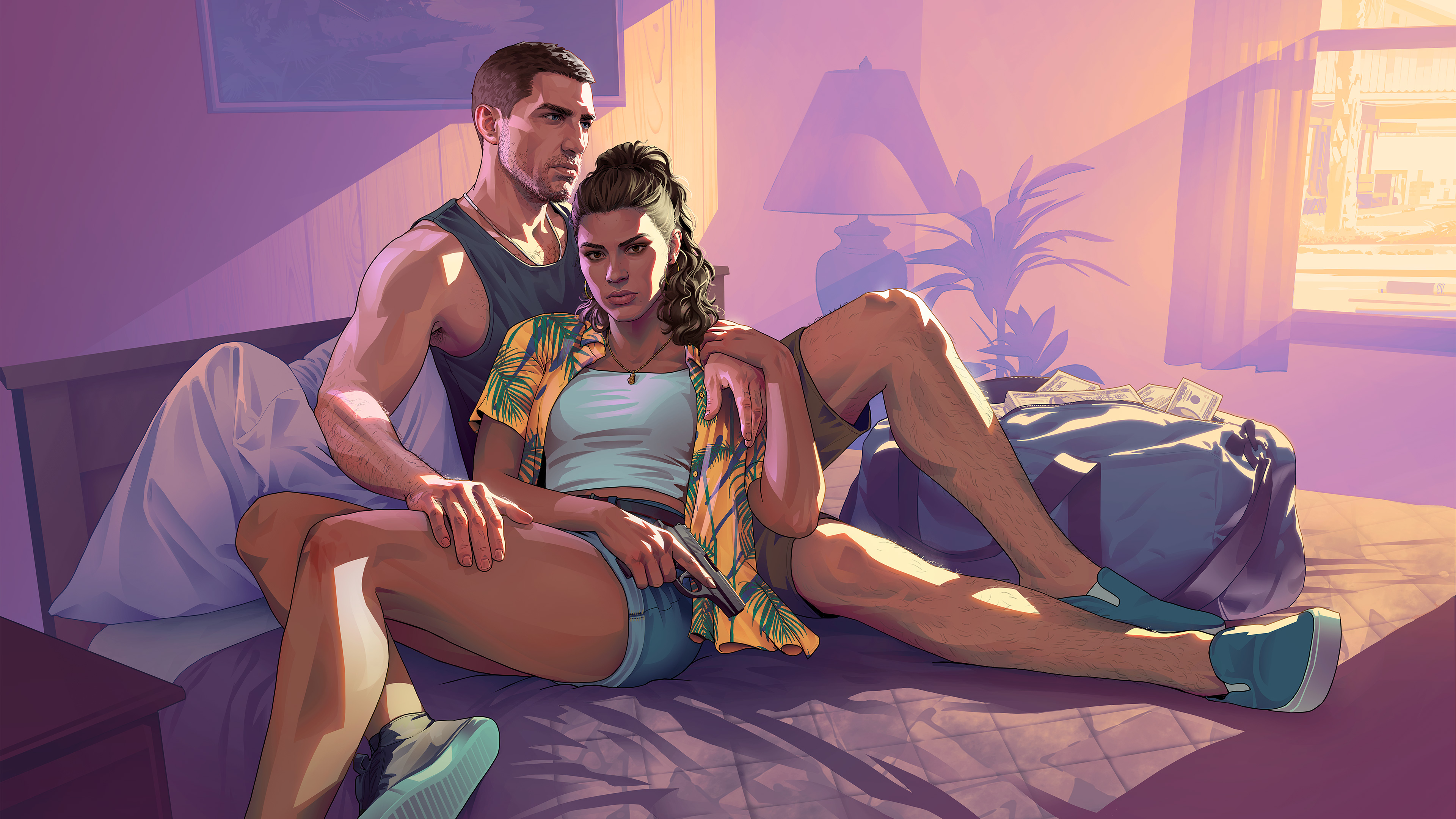 A character standing near a neon-lit motel entrance, inspired by the aesthetic of Grand Theft Auto VI.