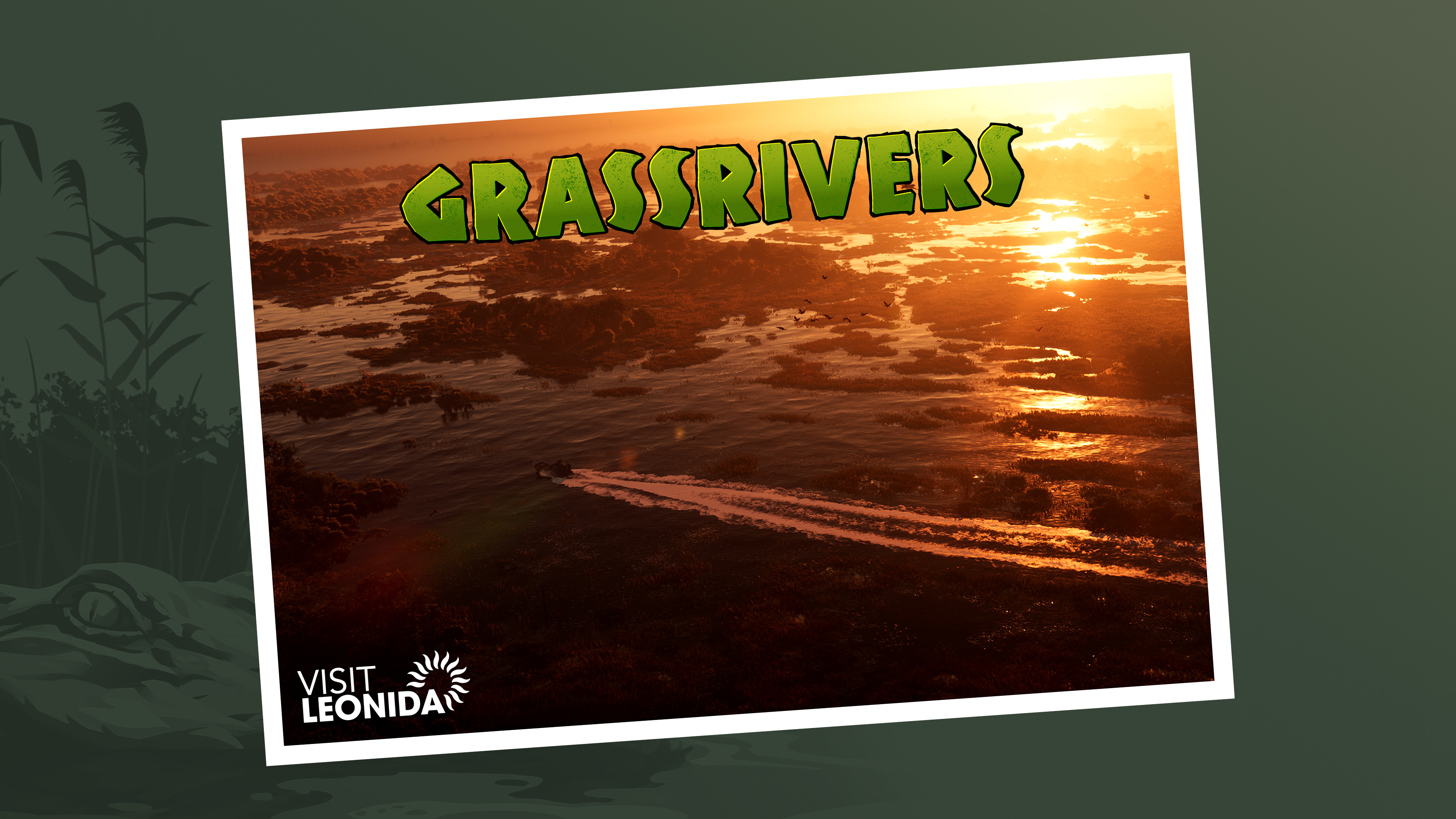 A vibrant, cinematic landscape of Grassrivers in the high-contrast, sun-soaked art style of Grand Theft Auto VI.