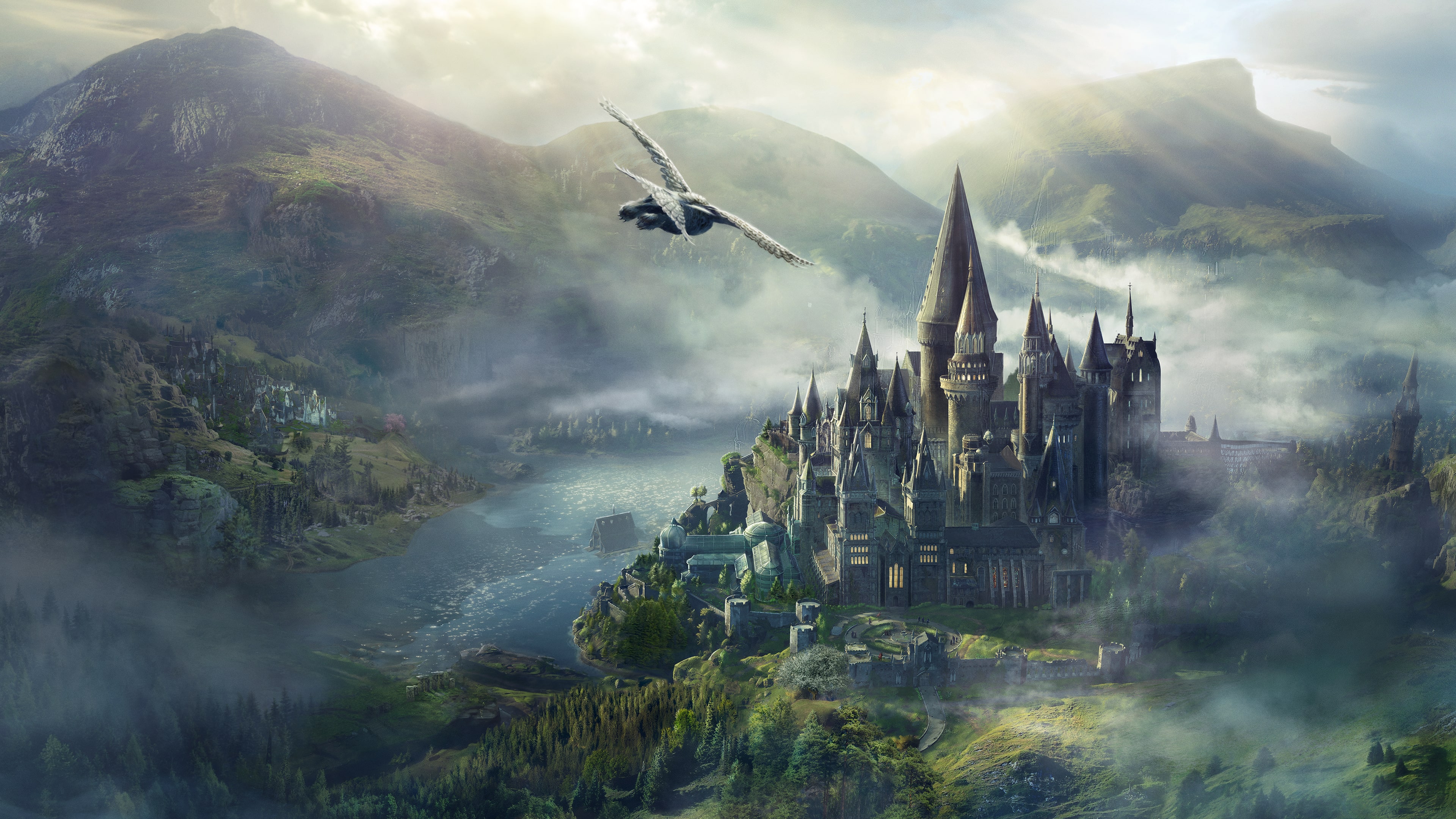 A cinematic poster of a wizard student wearing magical robes in a dark, enchanted hallway of Hogwarts, inspired by Hogwarts Legacy.