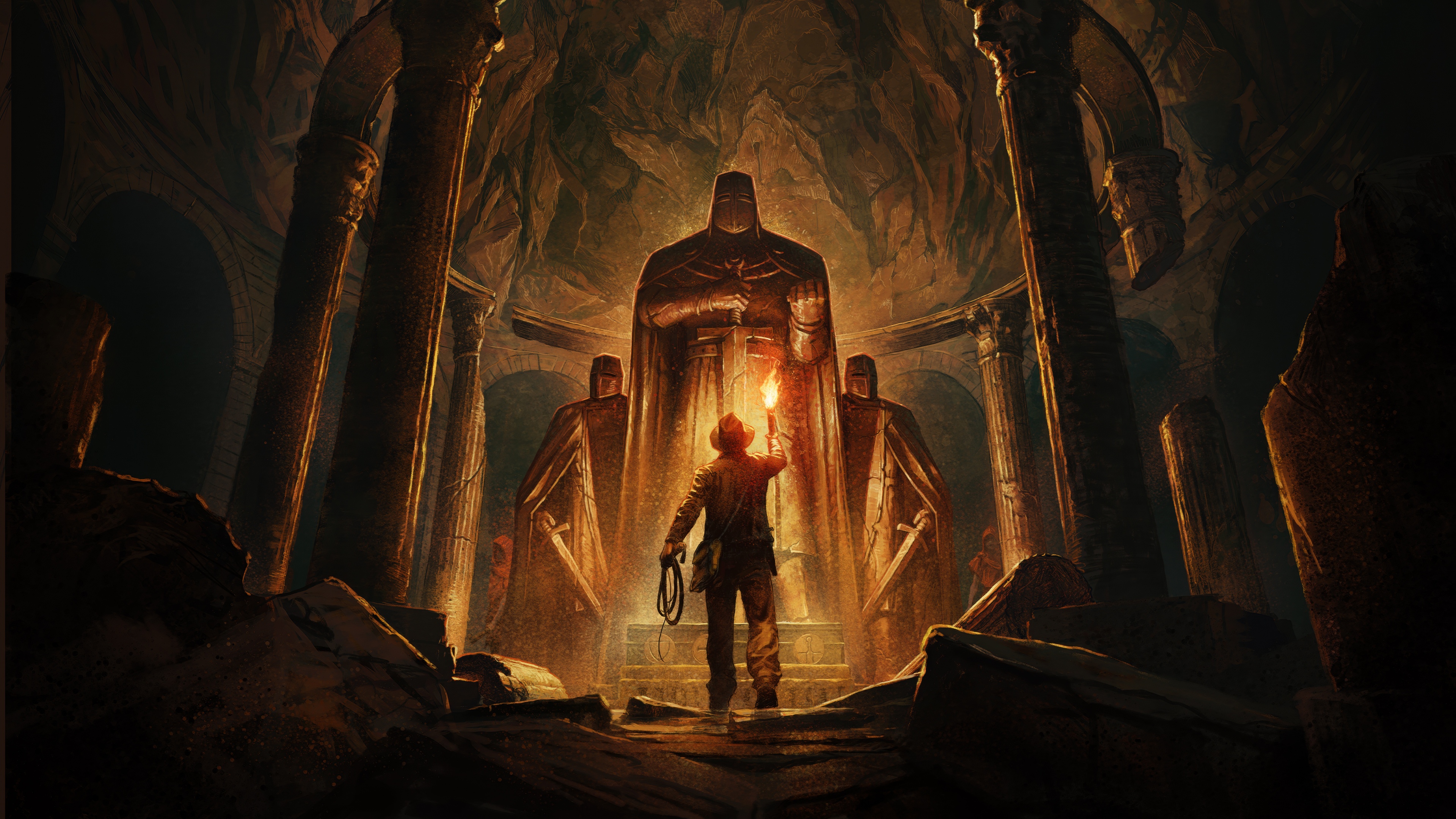 A high-resolution cinematic shot of Indiana Jones from the video game Indiana Jones and the Great Circle.
