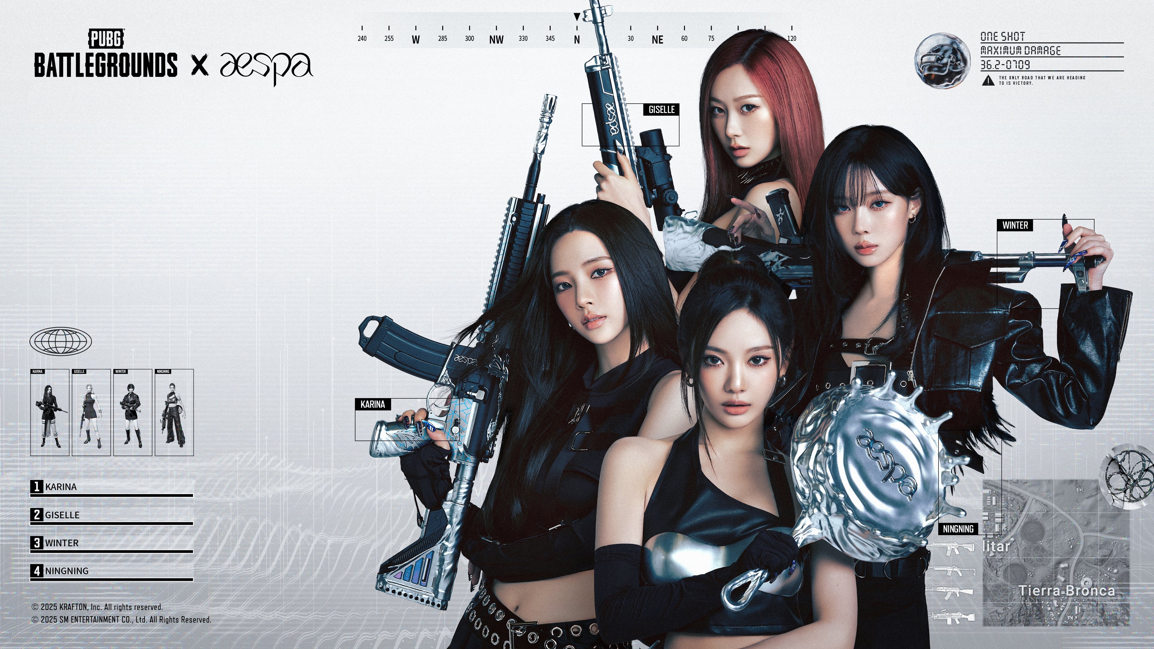 A group of K-Pop idols wearing tactical PUBG-inspired combat clothing and gear.