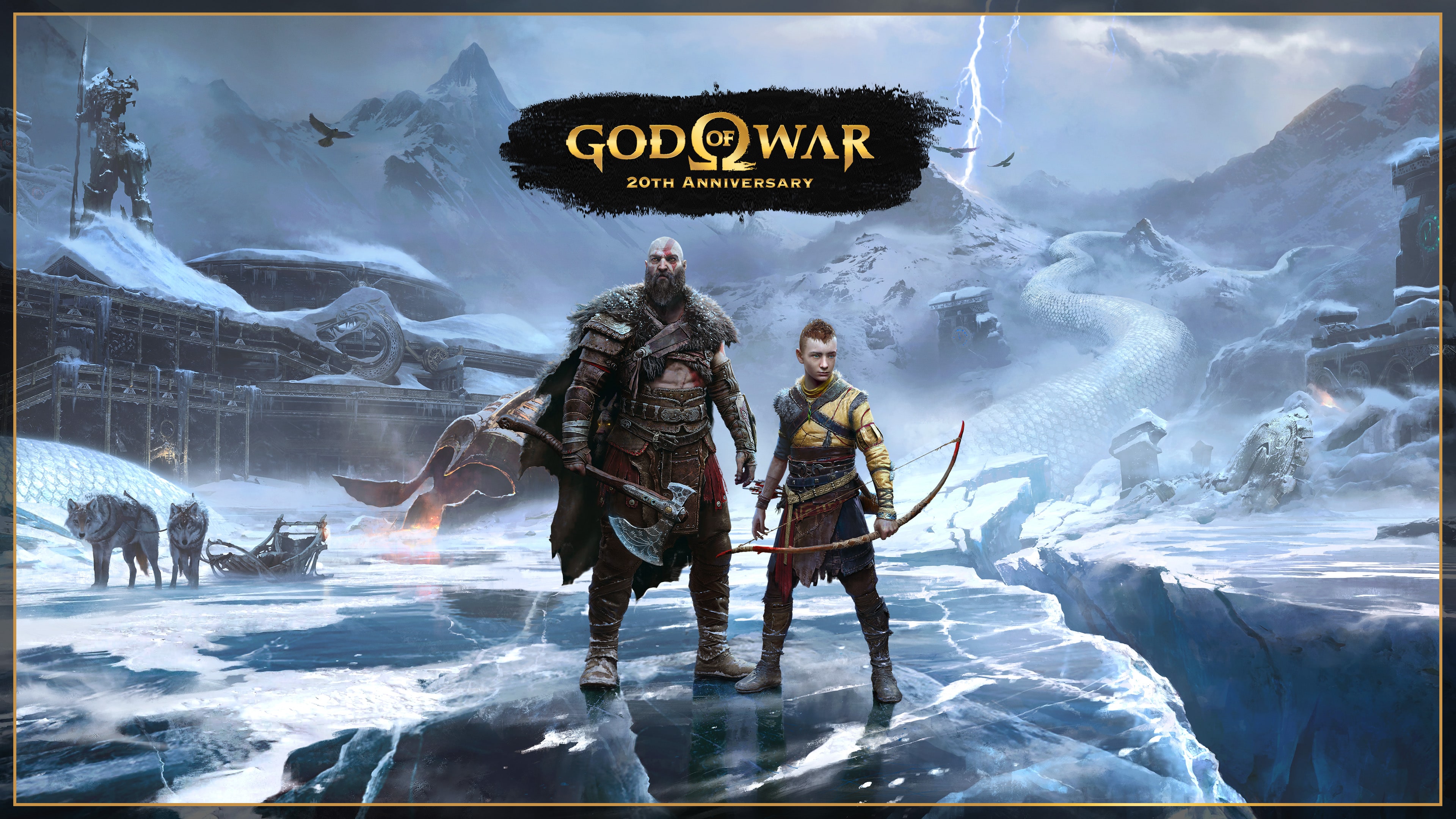 Kratos and Atreus from God of War Ragnarök standing together in a commemorative anniversary scene.