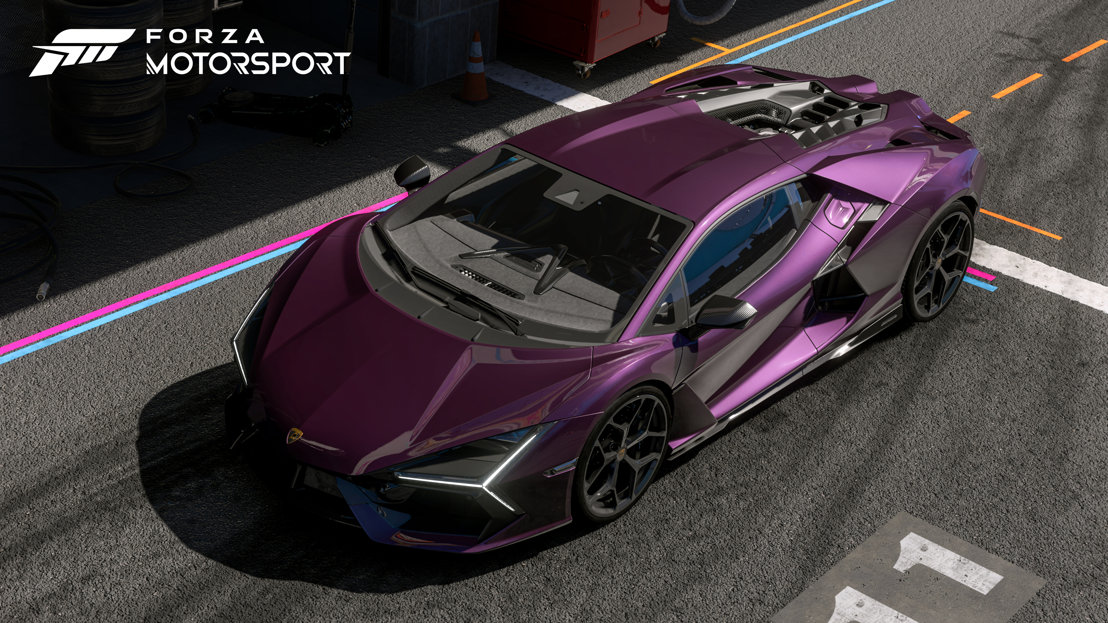 A high-performance Lamborghini Revuelto supercar driving on a professional racing circuit, captured with realistic lighting and textures.