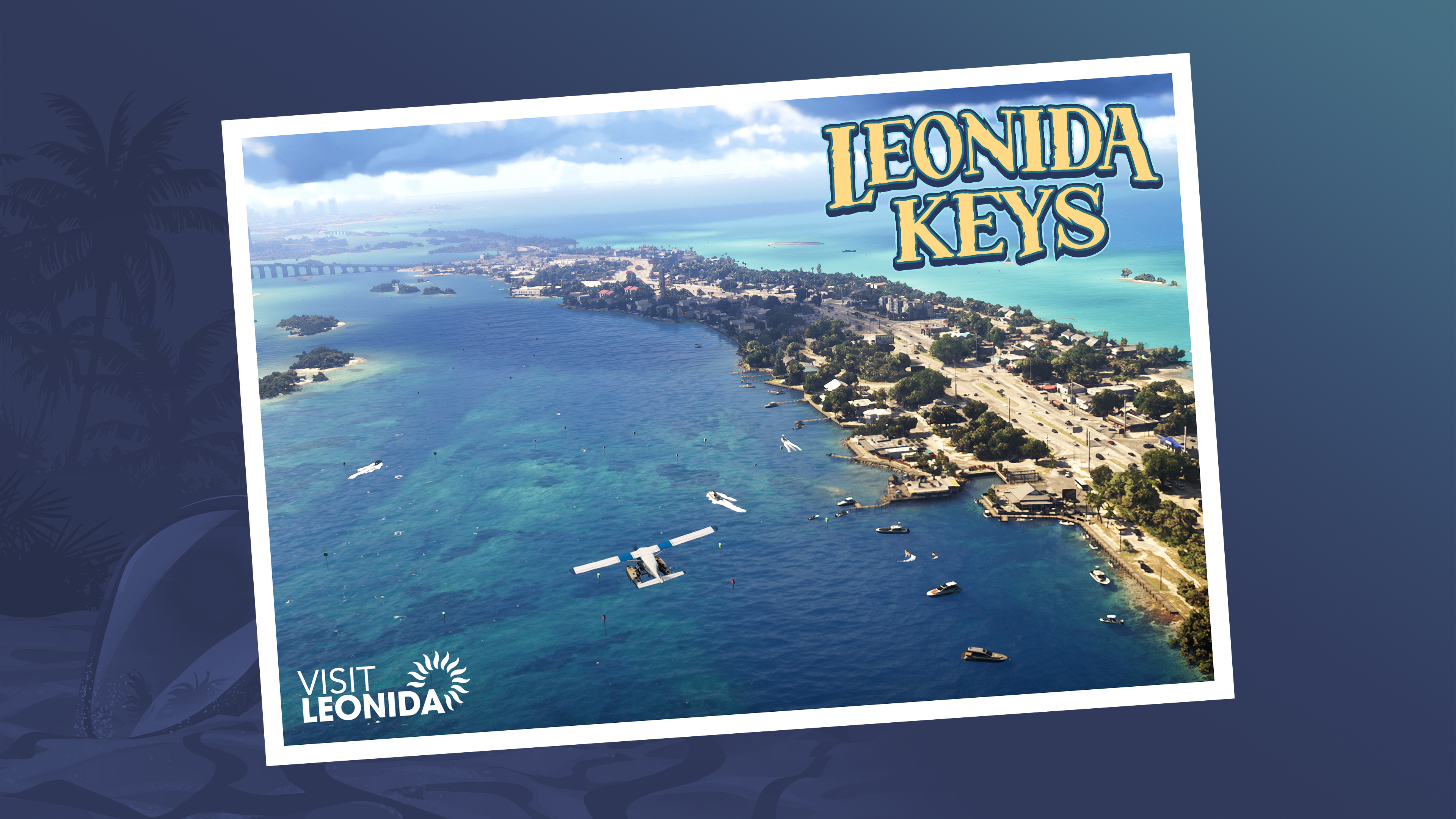 A vibrant postcard-style illustration of a character in the tropical, neon-lit landscapes of Leonida, inspired by Grand Theft Auto VI.