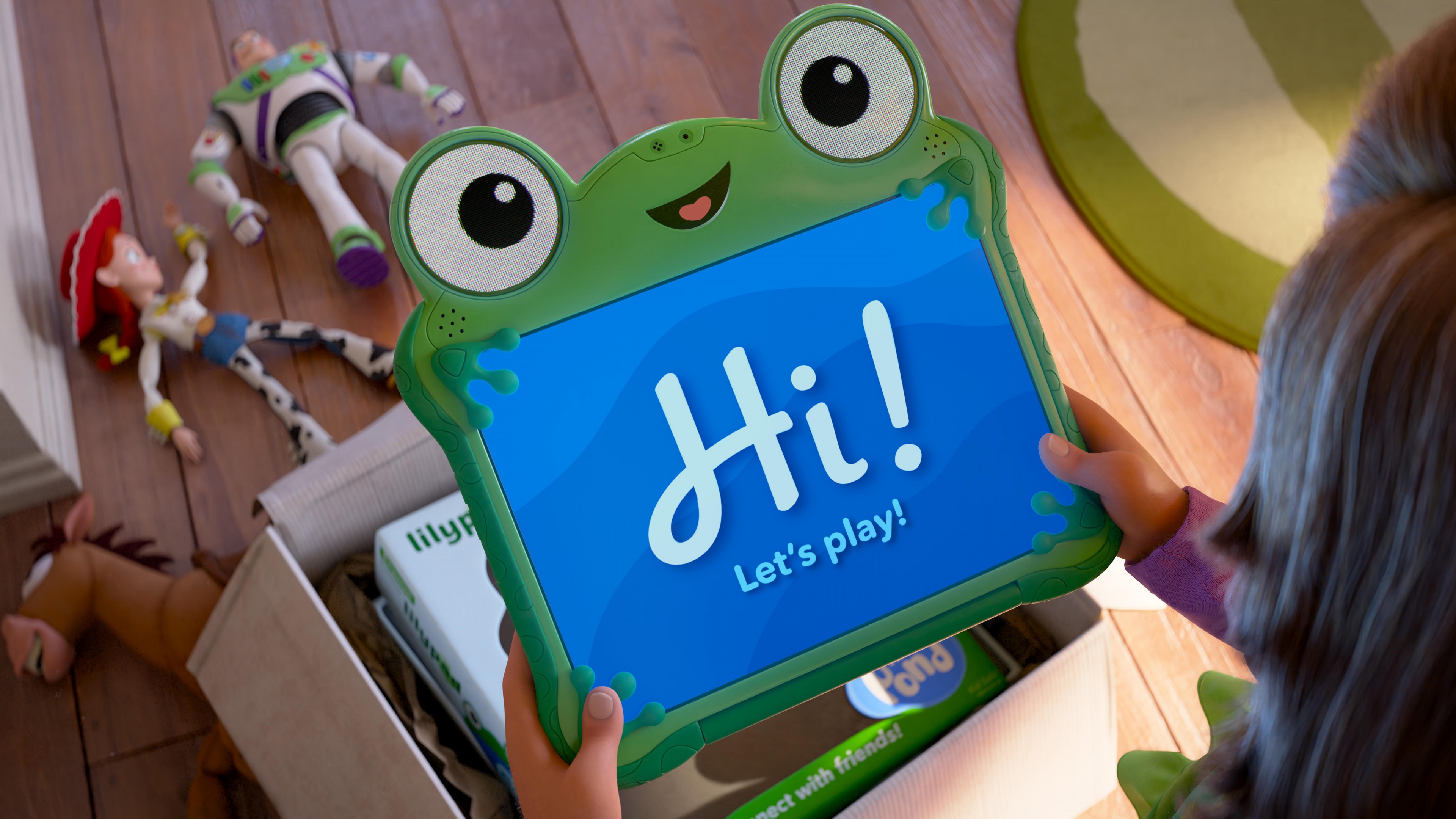 A high-definition 3D animation of Lilypad on a large green lilypad in a sunlit pond, styled like the movie Toy Story 5.