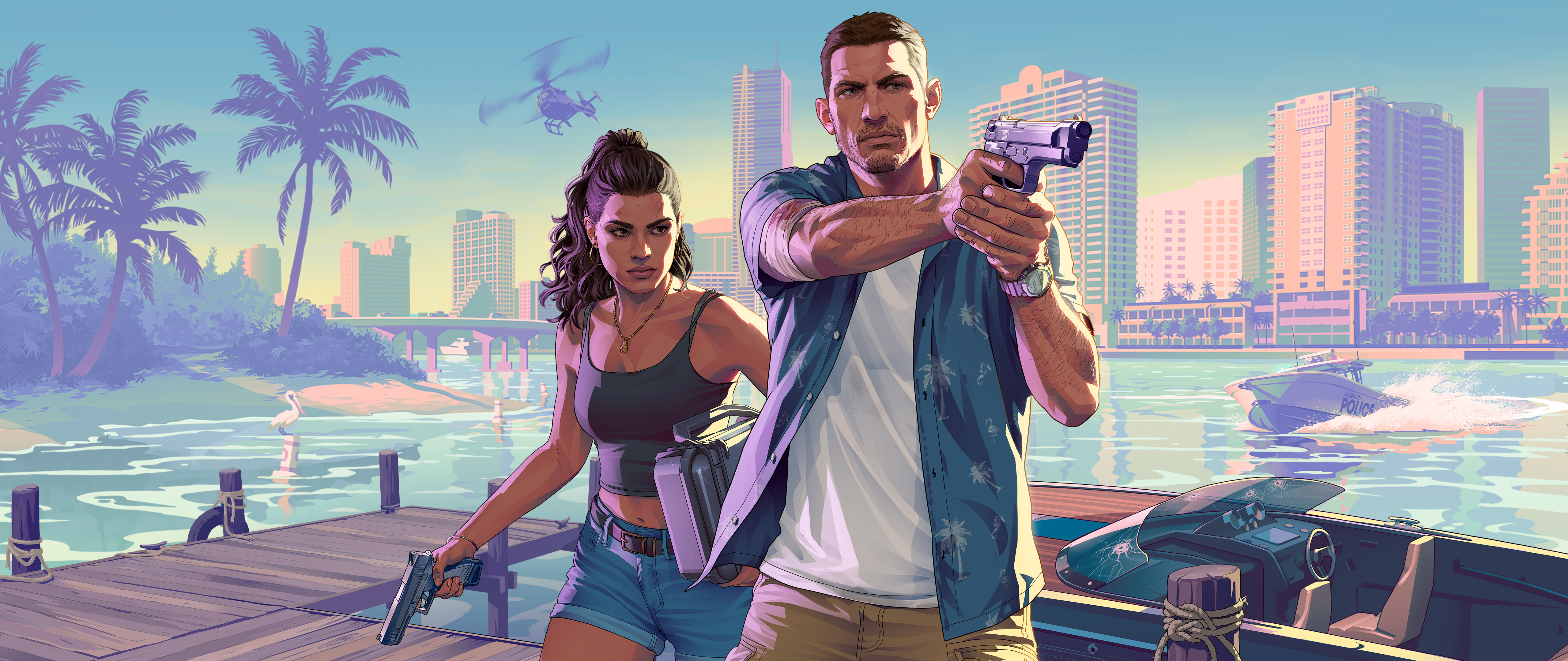 A cinematic ultrawide view of Lucia Caminos and Jason from Grand Theft Auto VI.