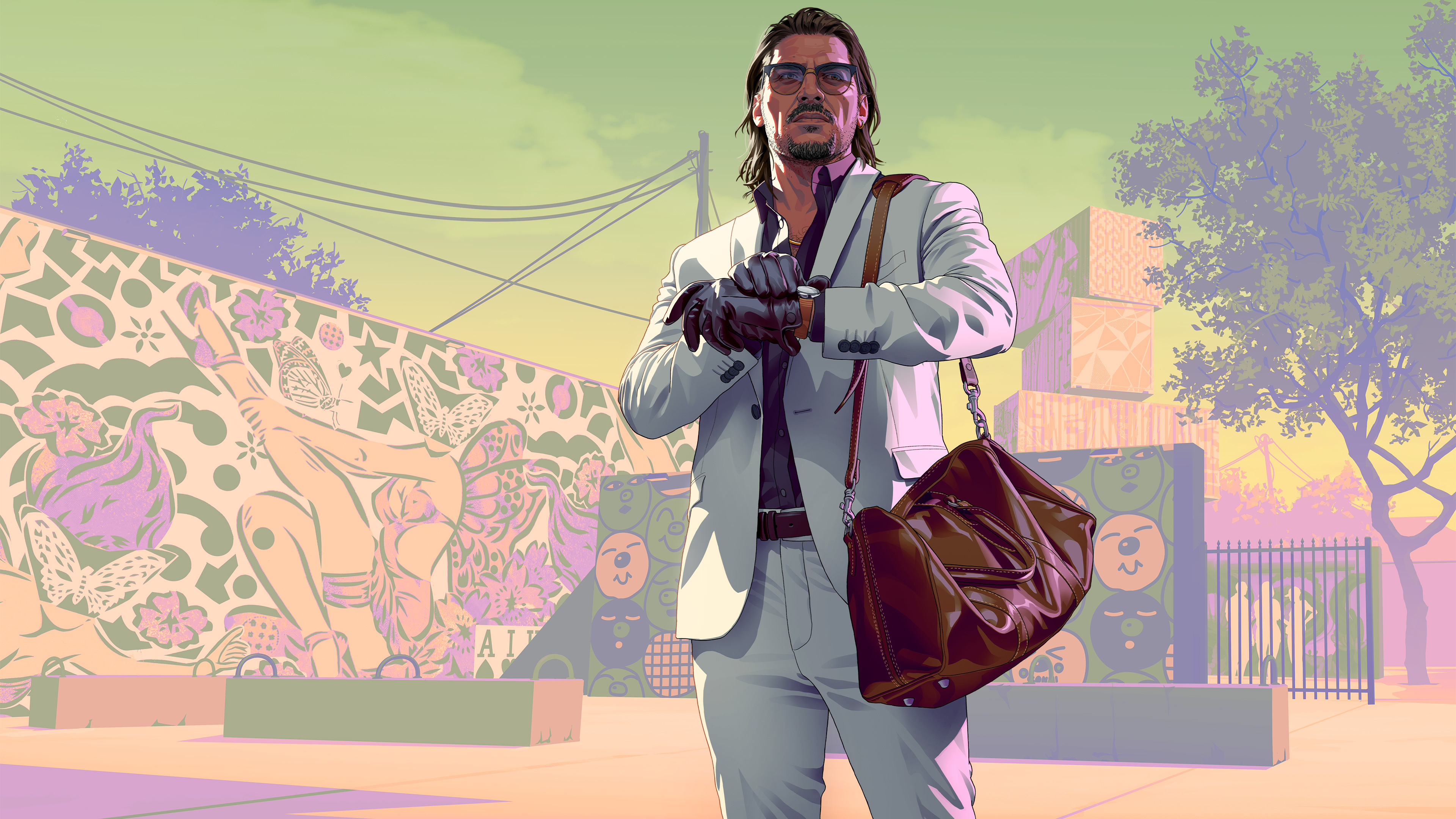Lucia from Grand Theft Auto VI standing amidst the vibrant, neon-lit streets of a tropical landscape.