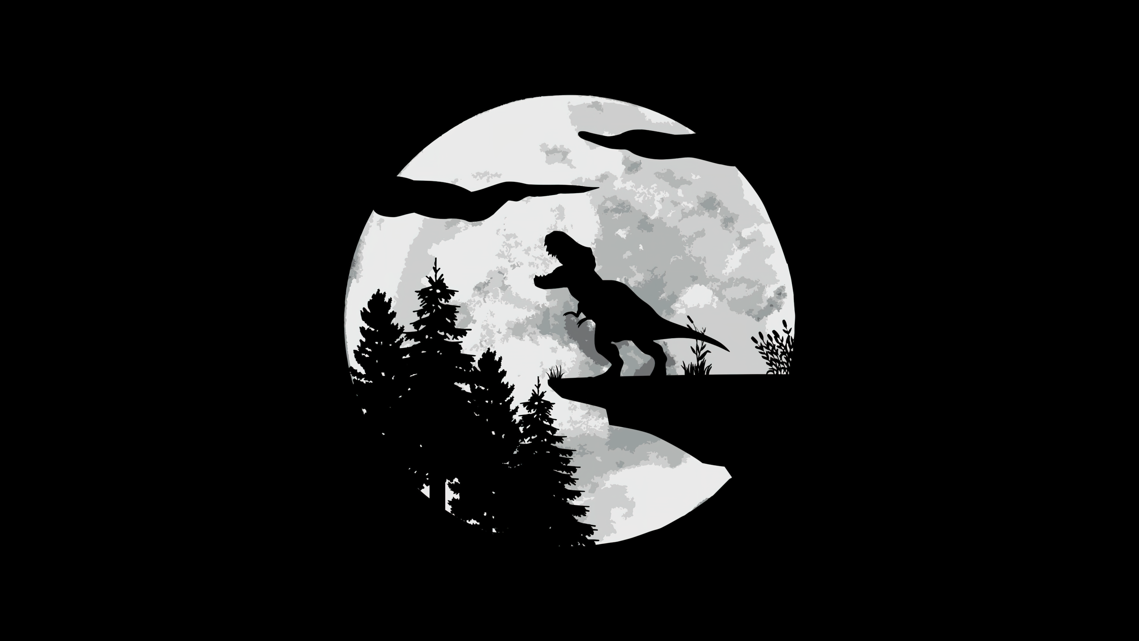 Minimalist silhouette of a T-Rex under a large full moon at night.