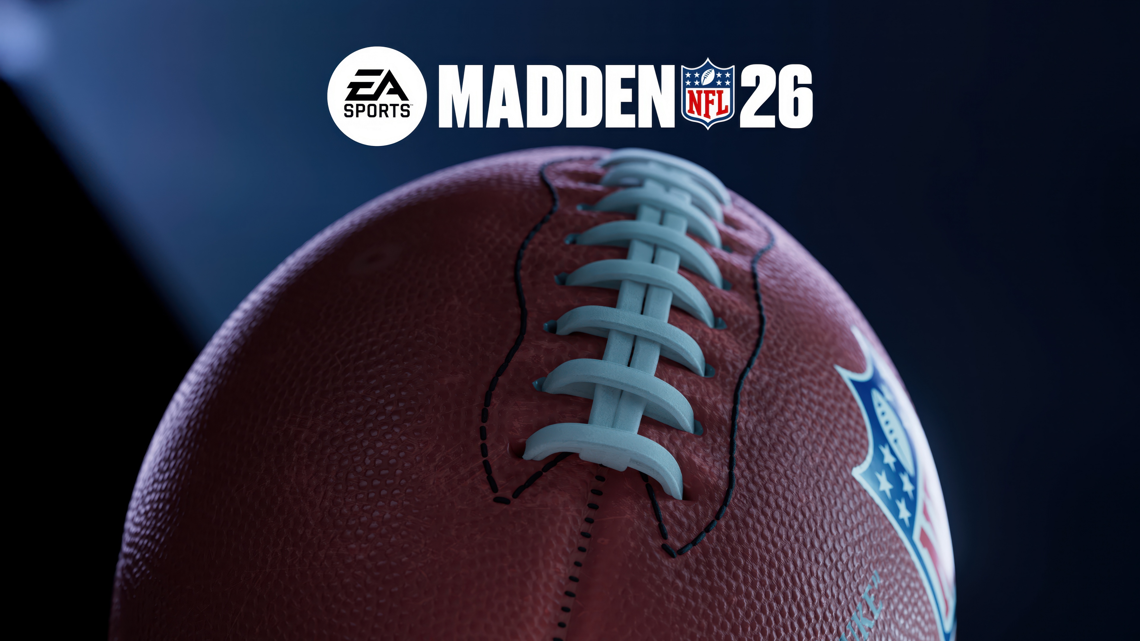 A high-definition action shot of an American football player in a stadium during a Madden NFL 26 game.