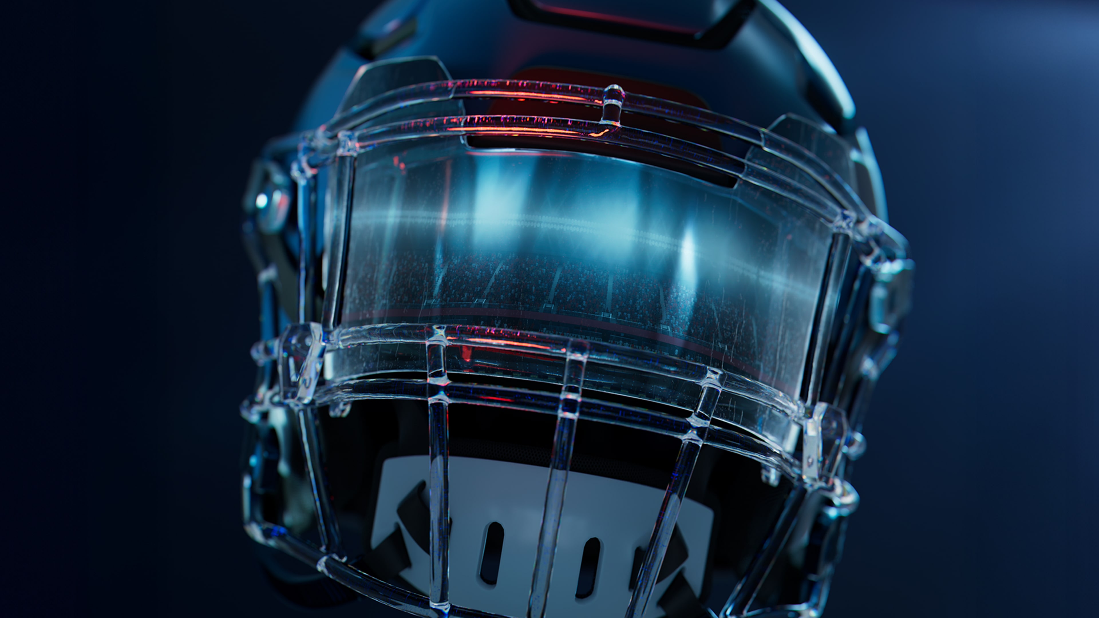 A futuristic American football helmet with glowing neon blue lights and a dark blue aesthetic.