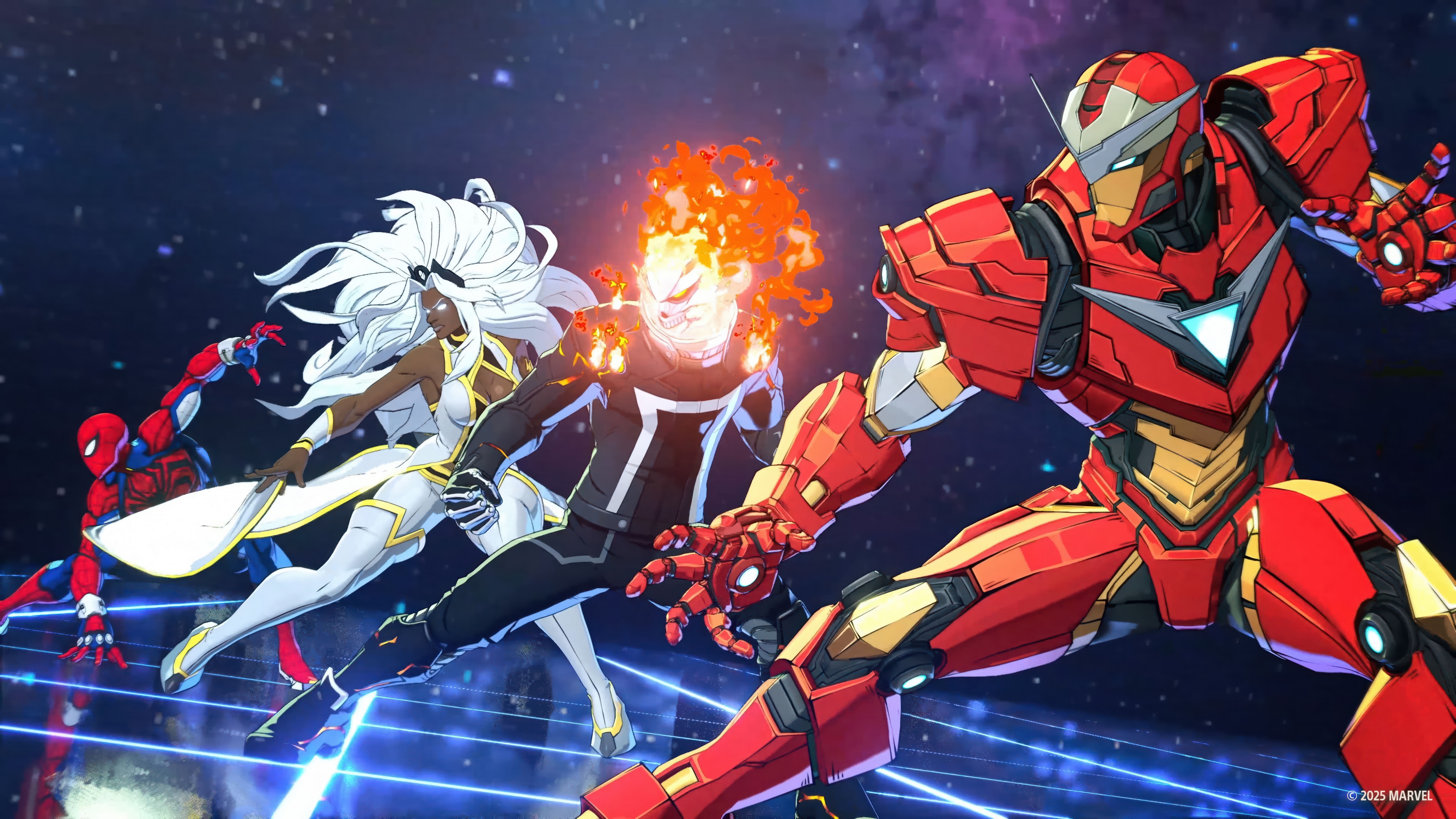 Promotional game poster for Marvel Tokon: Fighting Souls featuring Iron Man, Ghost Rider, and Spider-Man from the Marvel Universe.