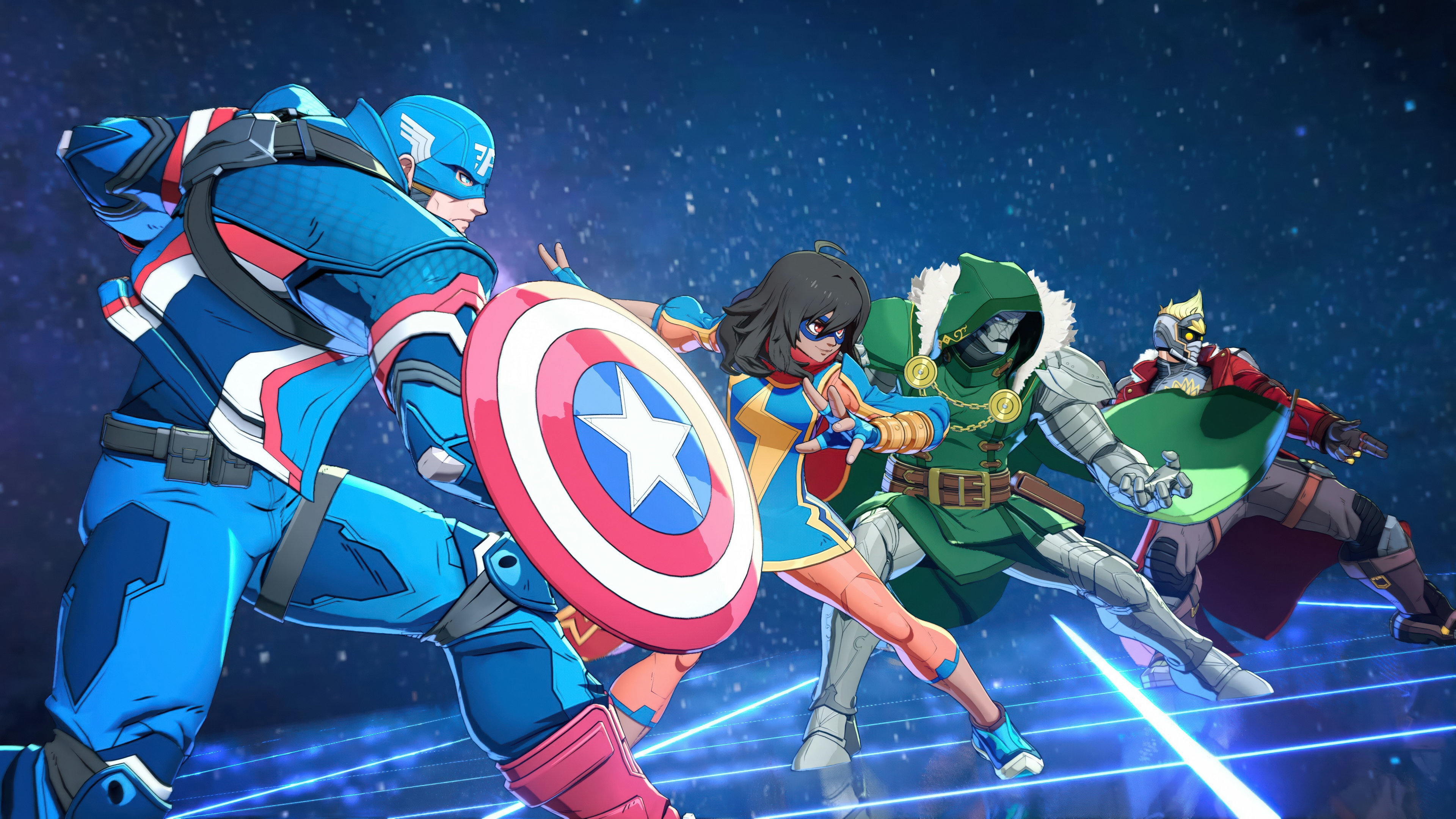 A cinematic game poster for Marvel Tokon: Fighting Souls featuring Captain America, Ms. Marvel, Star-Lord, and Doctor Doom.