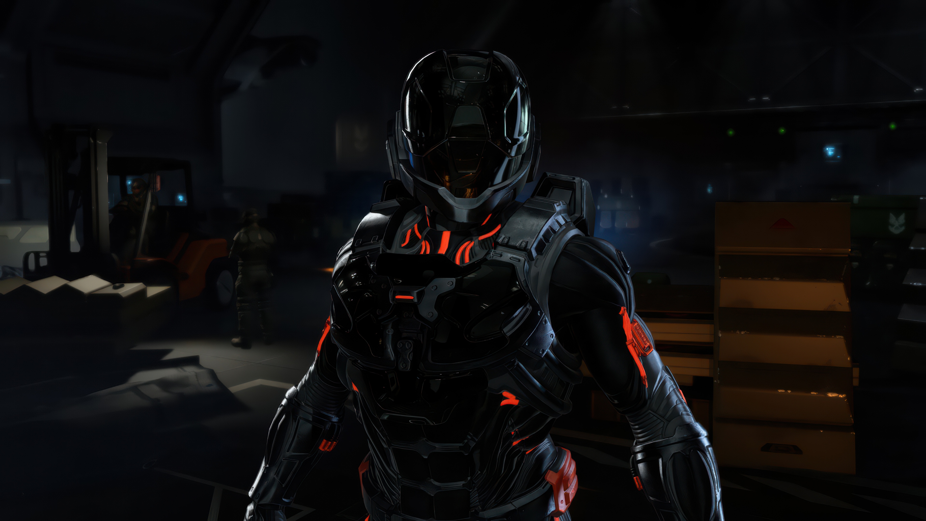Master Chief wearing highly detailed futuristic MJOLNIR armor from the game Halo Infinite.