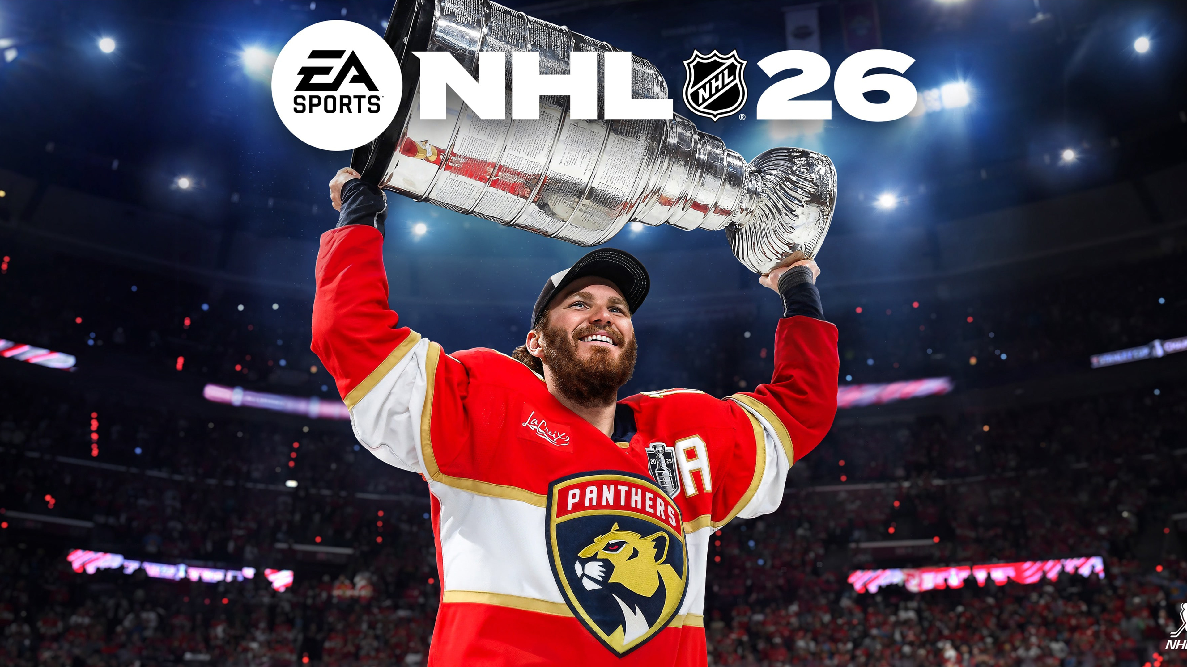 Professional hockey player Matthew Tkachuk captured in a high-definition gameplay screenshot from the NHL 26 video game.