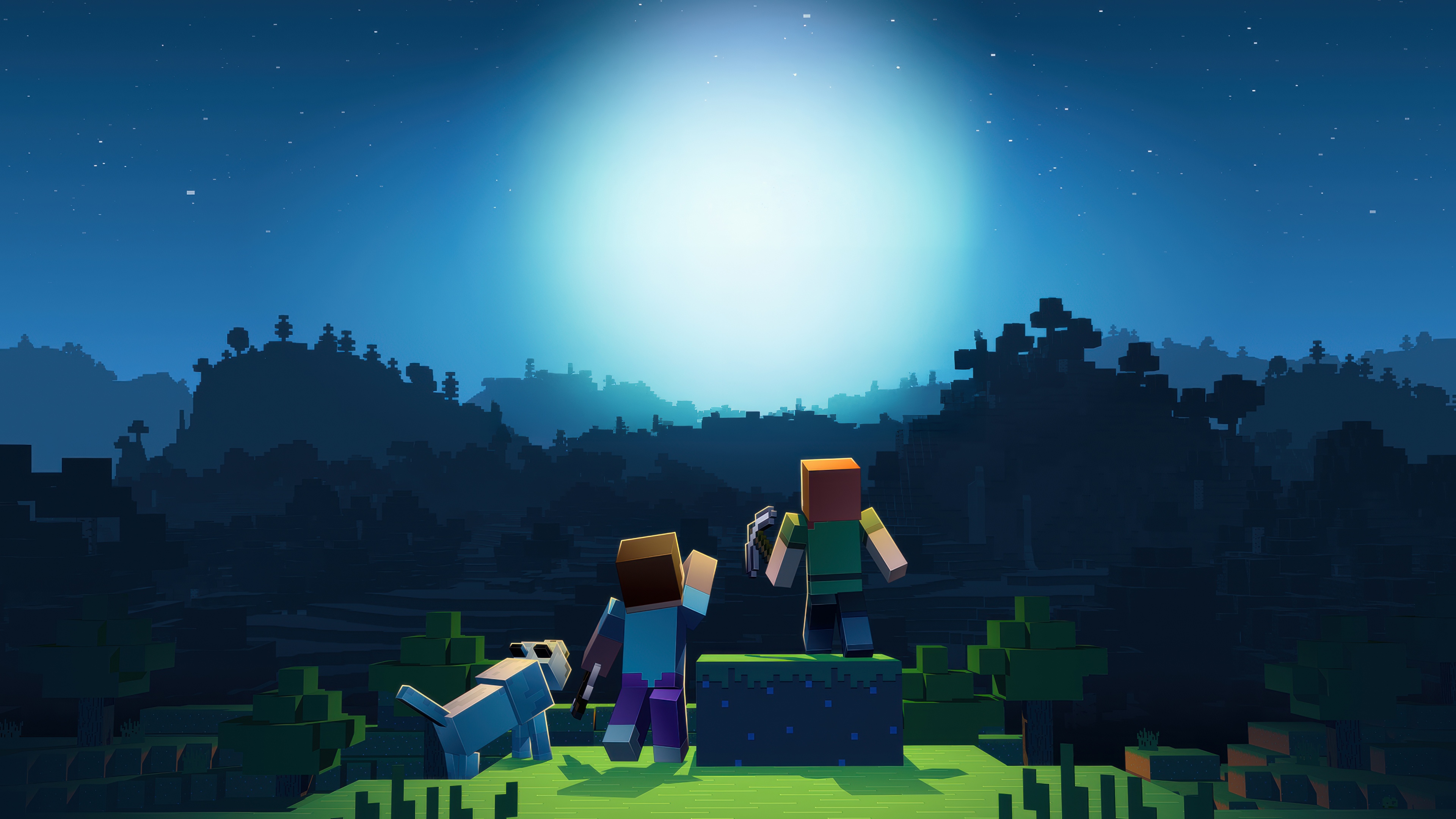 Steve from Minecraft celebrating the 10th anniversary in a highly detailed, blocky landscape.
