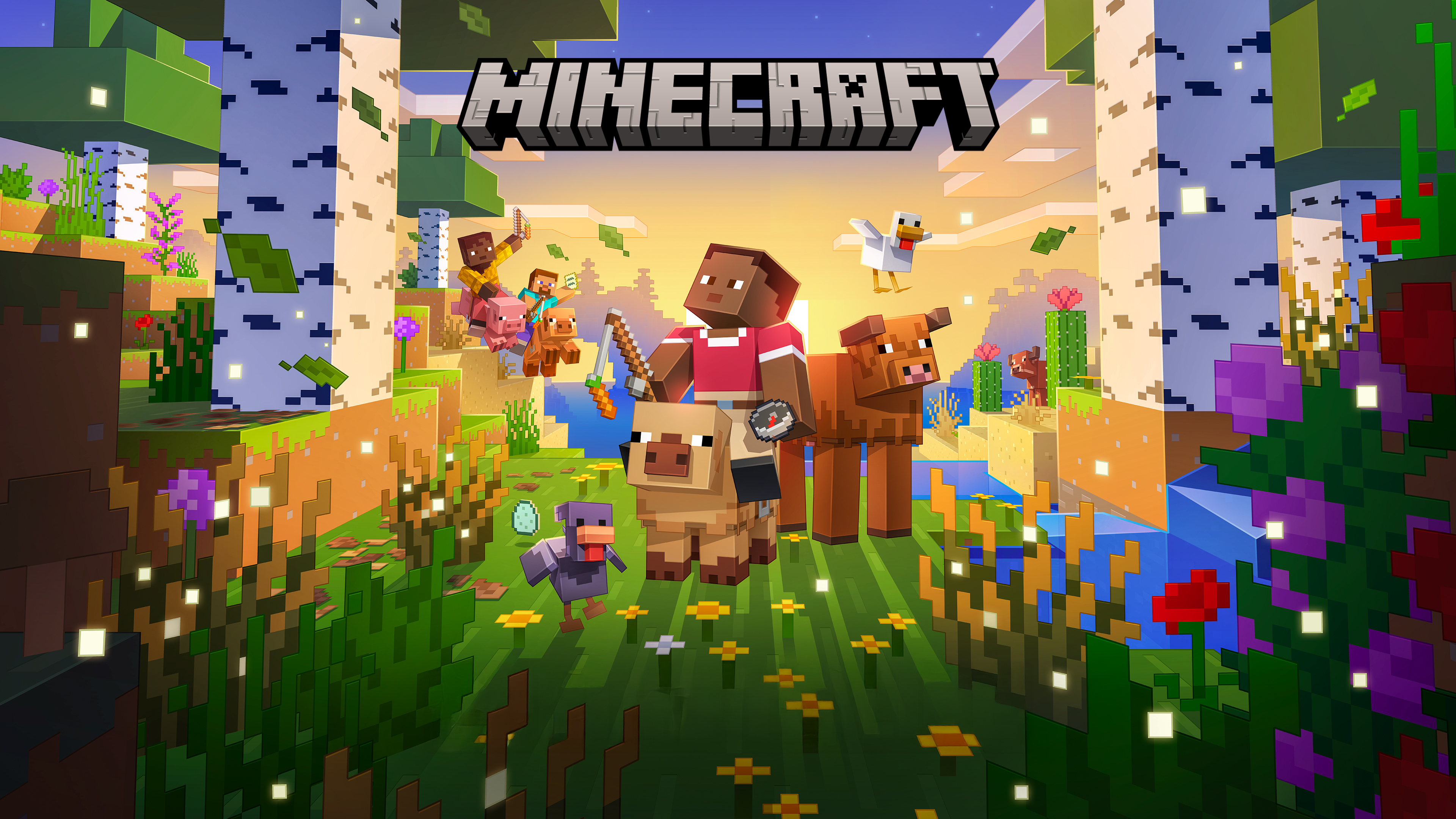 A high-definition, cinematic view of Steve from Minecraft standing amidst a lush, futuristic landscape with advanced lighting effects and updated blocky textures.