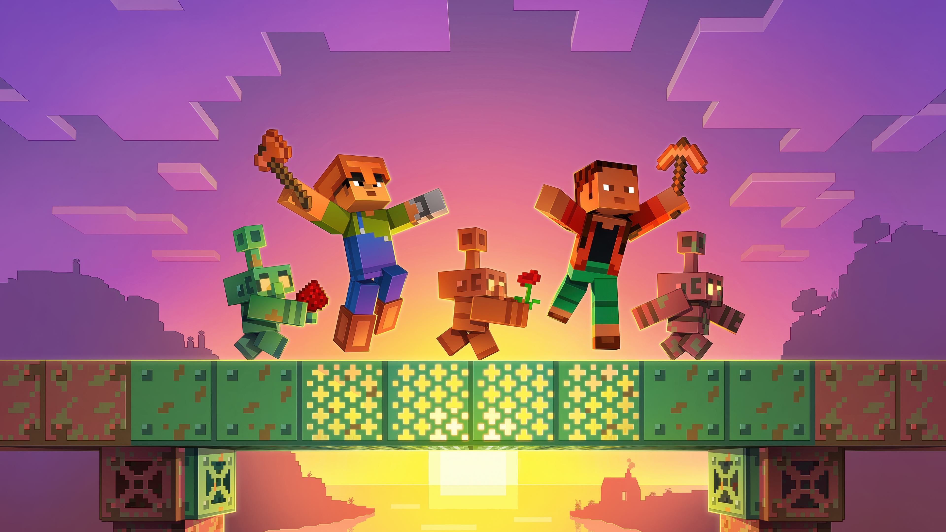 A digital art landscape of the Minecraft Overworld featuring blocky terrain under a vibrant orange and pink sunset sky.
