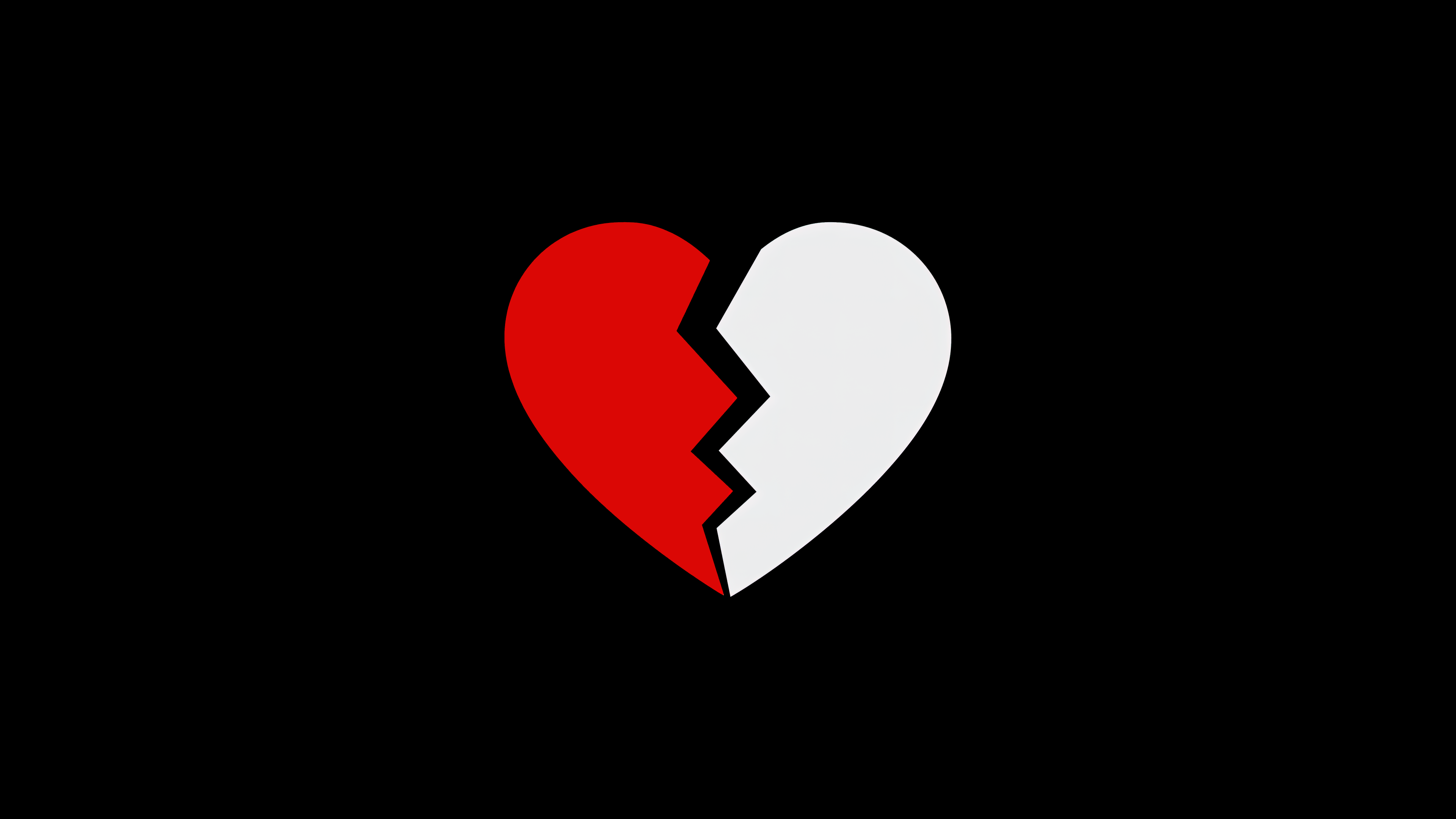 A minimalist illustration of a fractured heart centered on a solid black background.