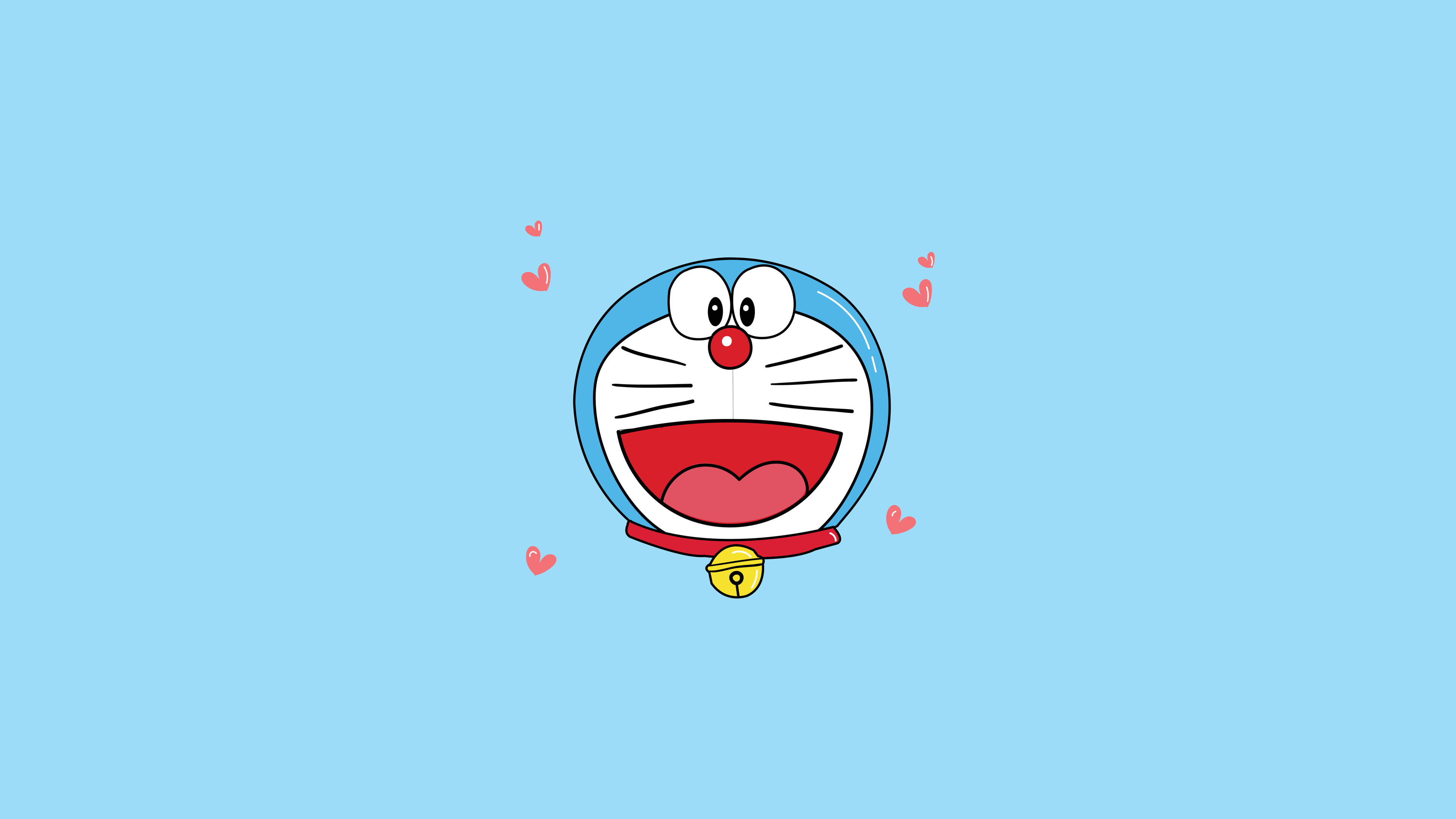 A cute, minimalist cartoon of Doraemon from the anime Doraemon surrounded by red hearts on a blue background.