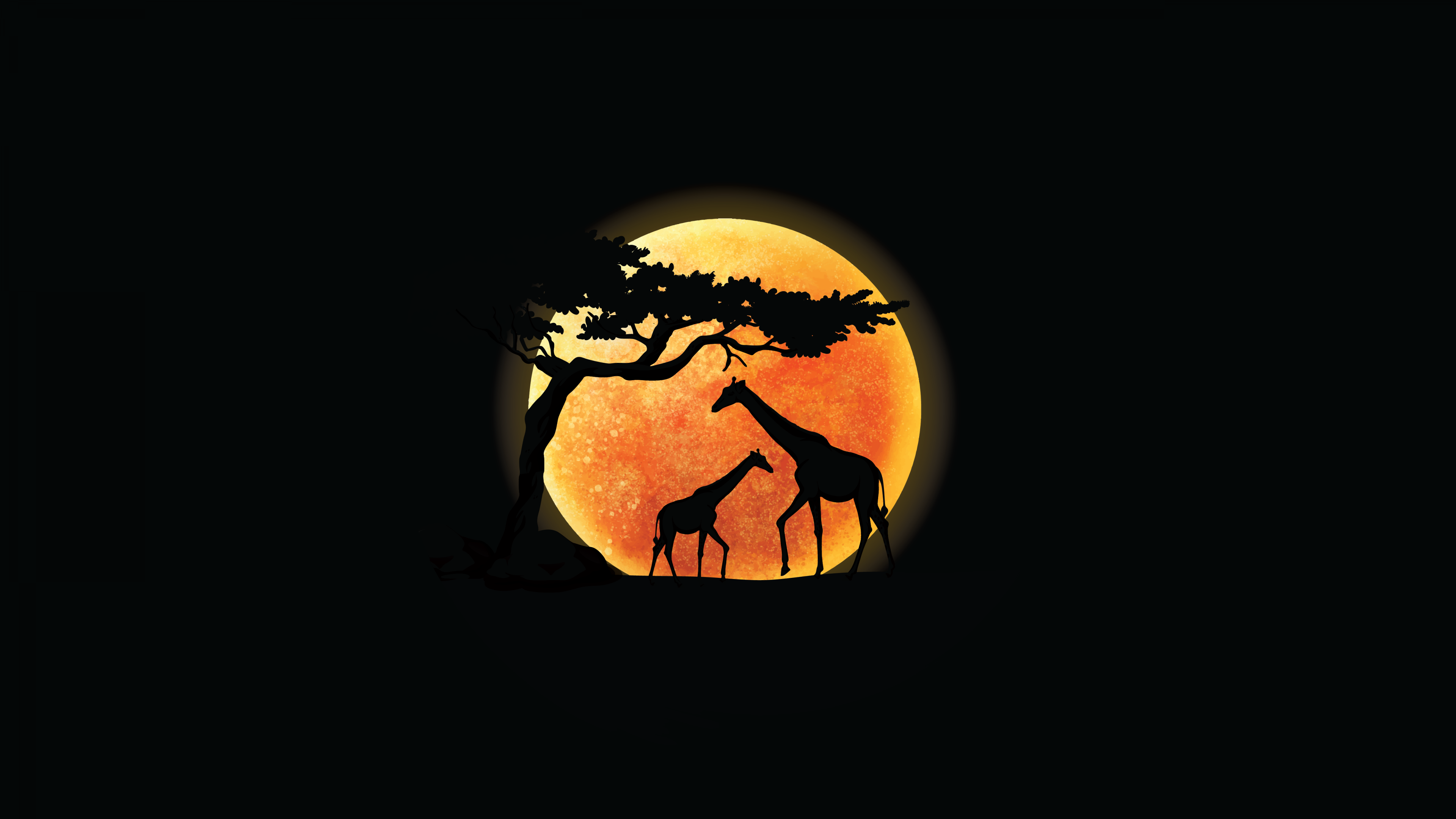A minimalist silhouette of a giraffe standing against a warm, glowing sunset with a deep black background.