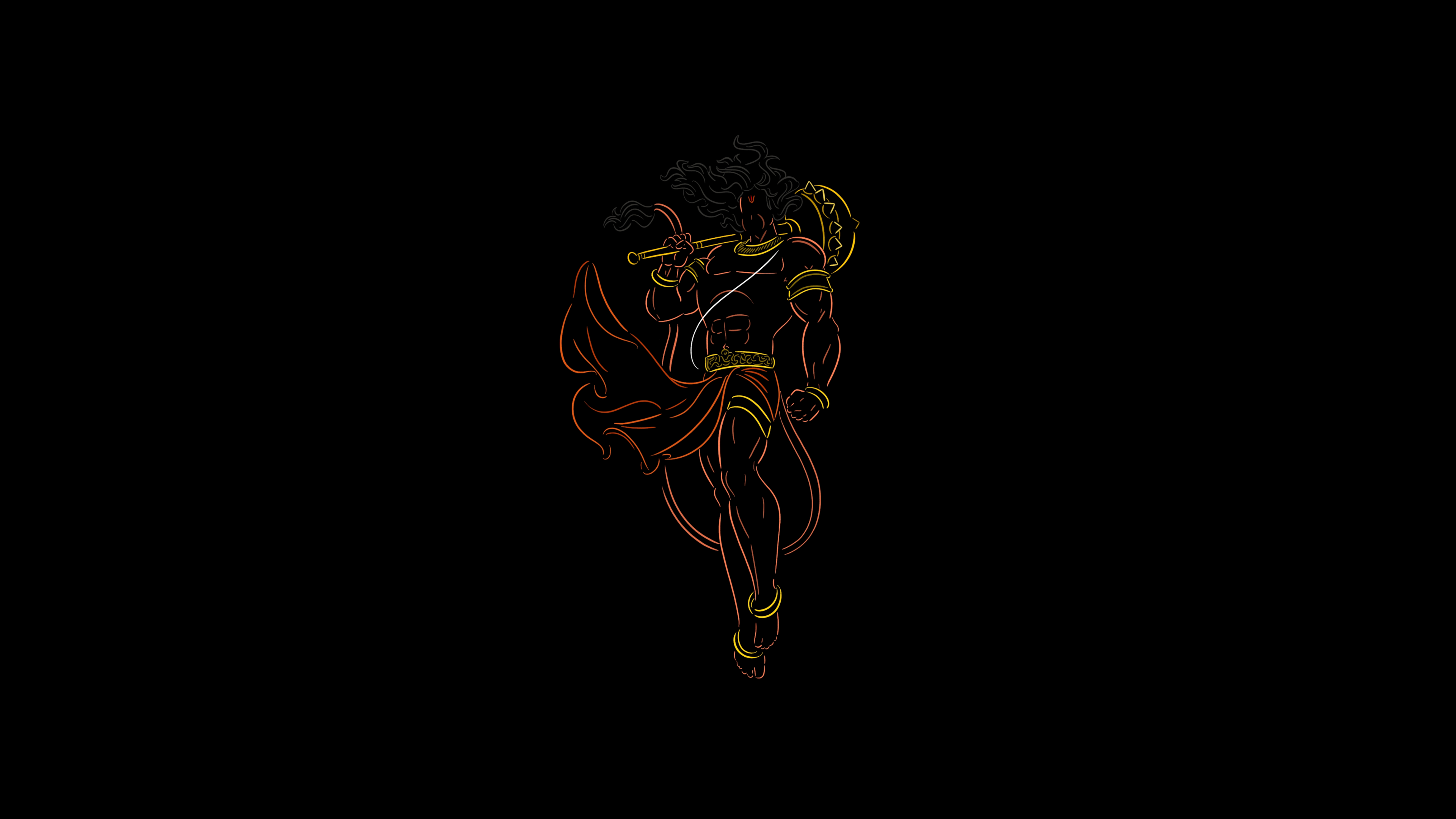 Minimalist digital art of the Hindu God Lord Hanuman (Bajrangbali) against a solid black background.