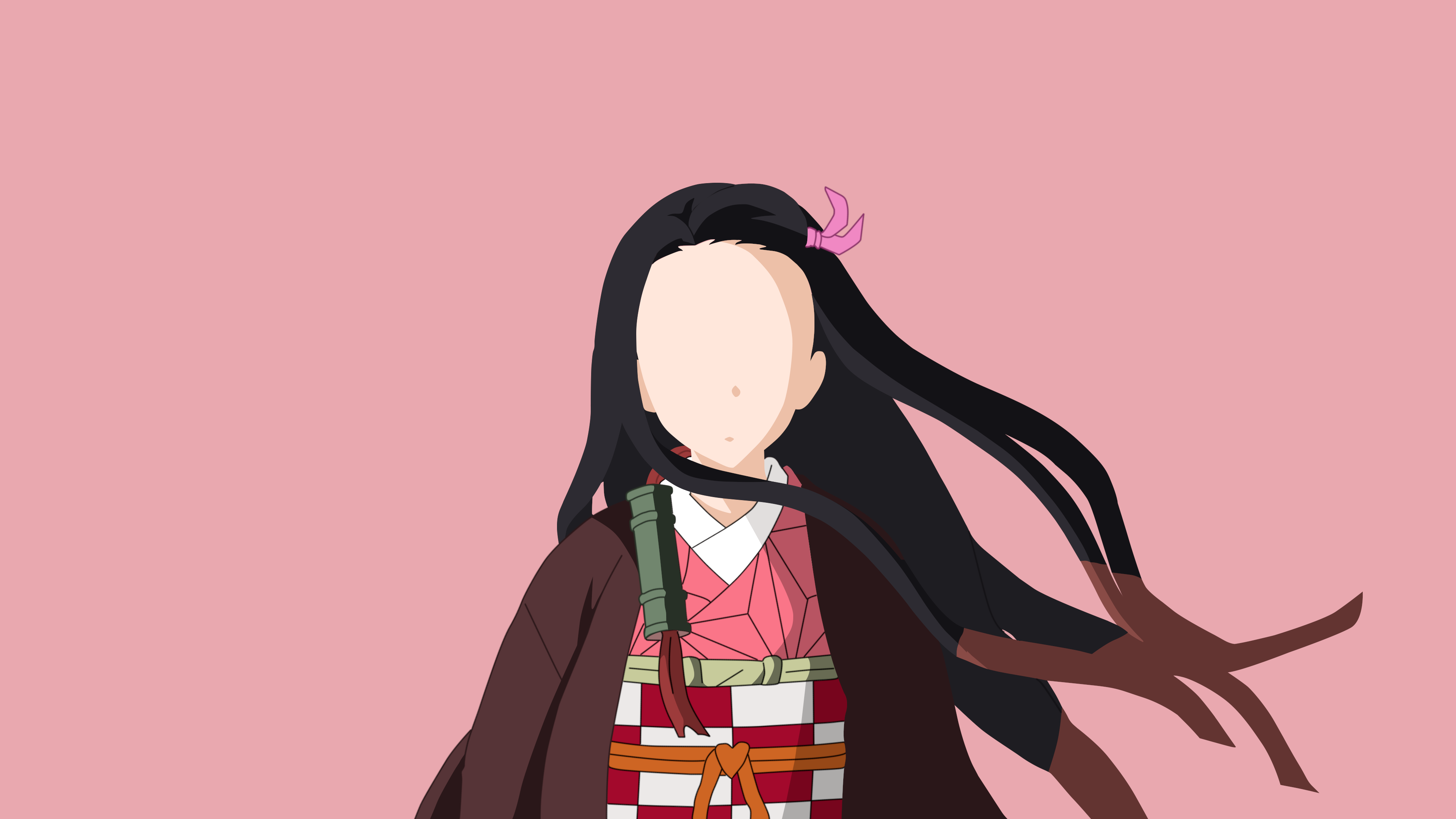 Minimalist faceless illustration of Nezuko Kamado from Demon Slayer on a light pink background