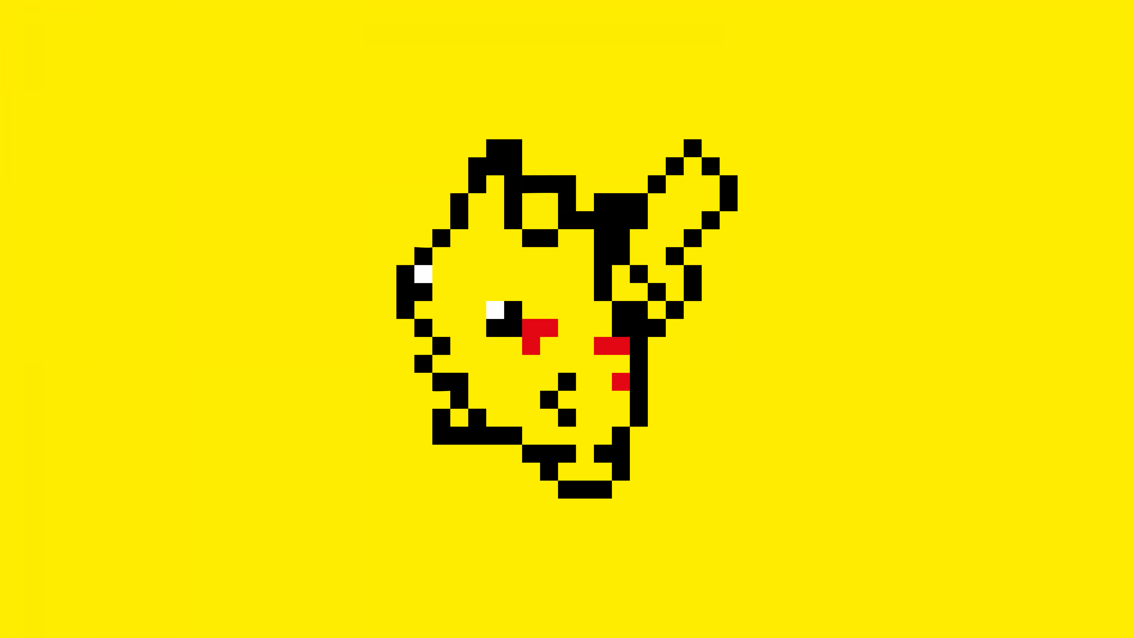 Minimalist pixel art of Pikachu from Pokémon on a solid yellow background.