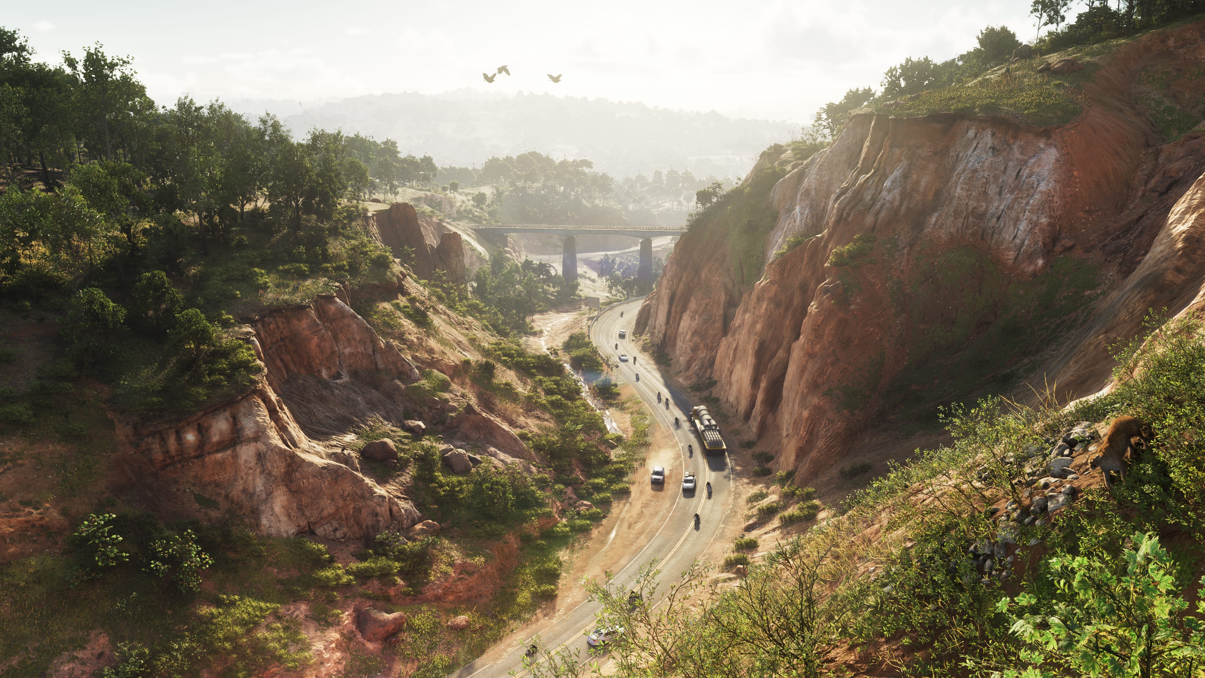 A cinematic view of Mount Kalaga National Park featuring a character in explorer gear, styled after Grand Theft Auto VI.