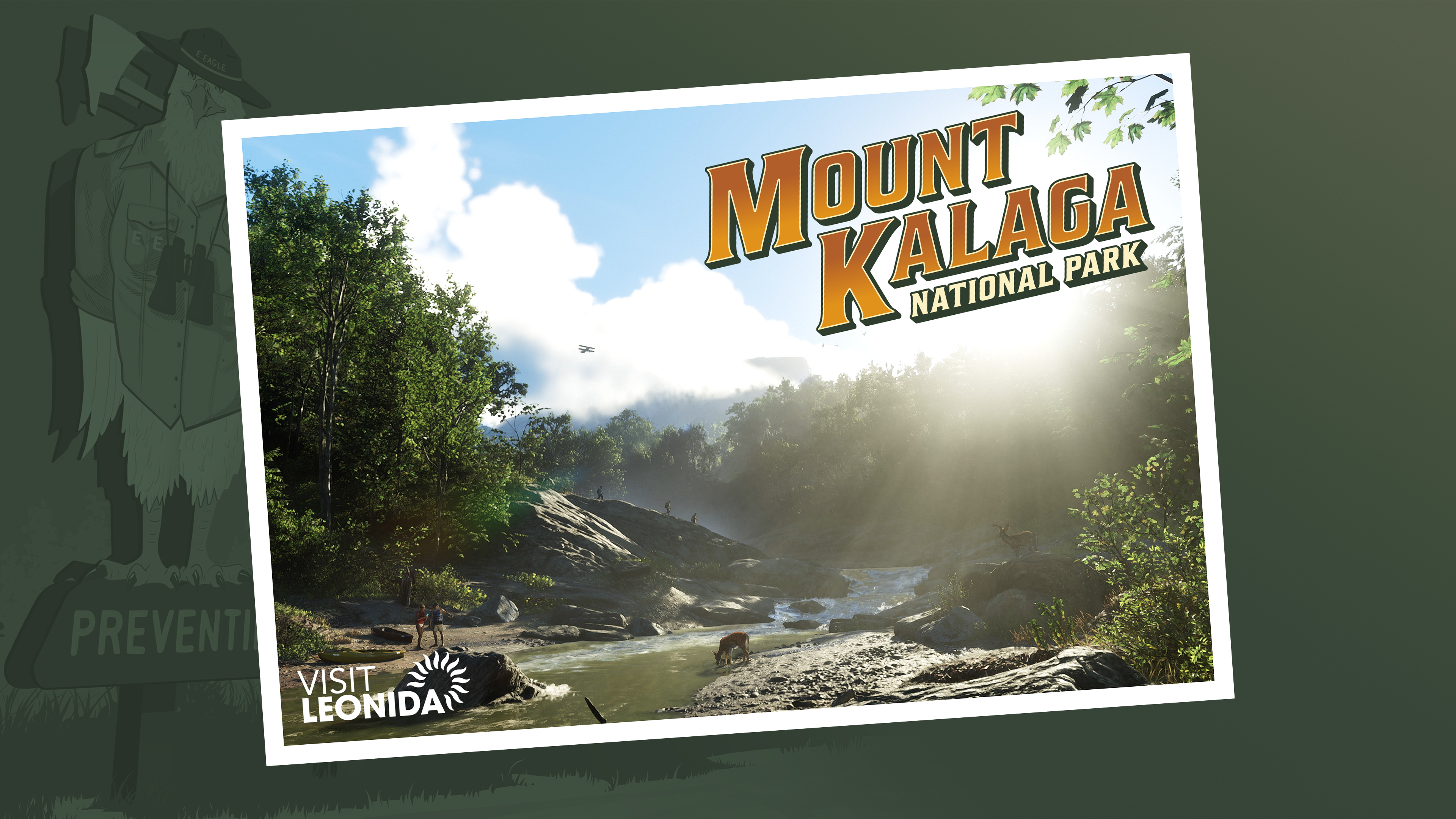 A colorful, GTA VI style postcard of Mount Kalaga National scenery with lush landscapes and dramatic mountains.
