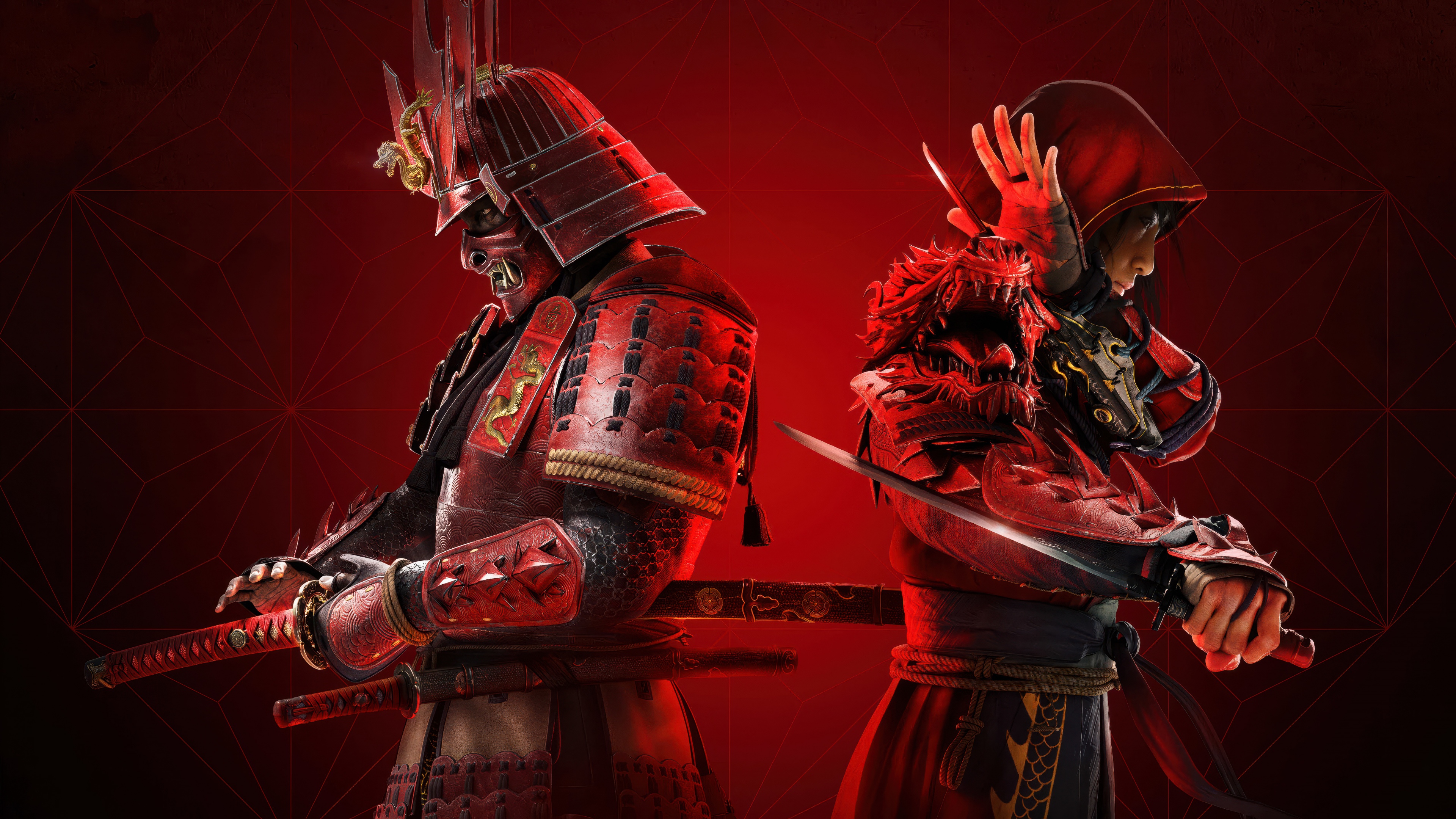Naoe and Yasuke from Assassin's Creed Shadows posing against a dark red background with a katana.