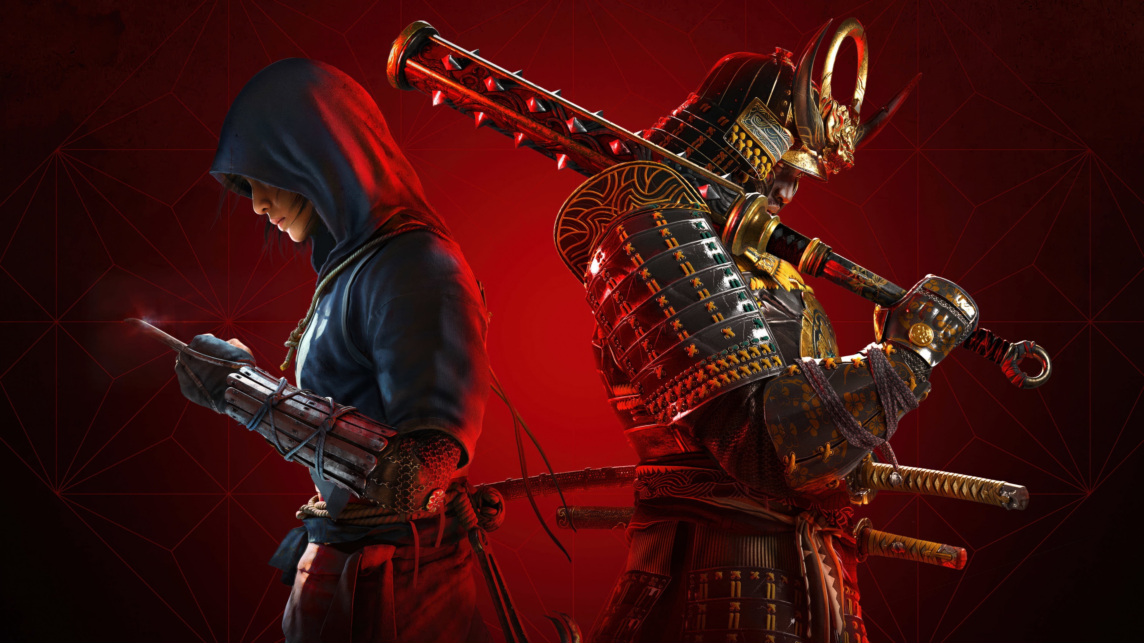 Cinematic portrait of Naoe and Yasuke from Assassin's Creed Shadows against a deep red background